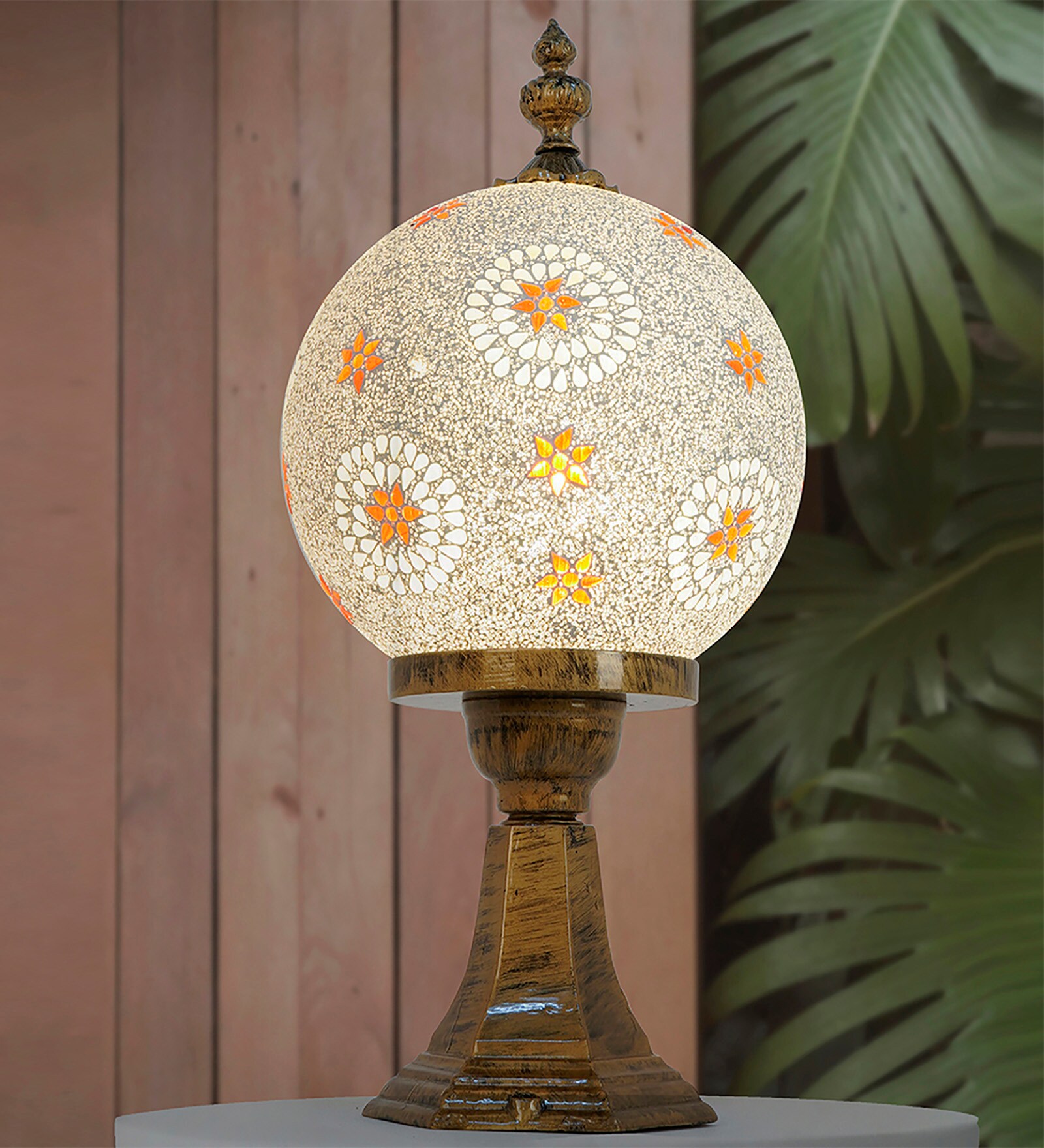 Traditional Pedestal Gate Light | Hand-Made Multicolor Mosaic Glass Globe