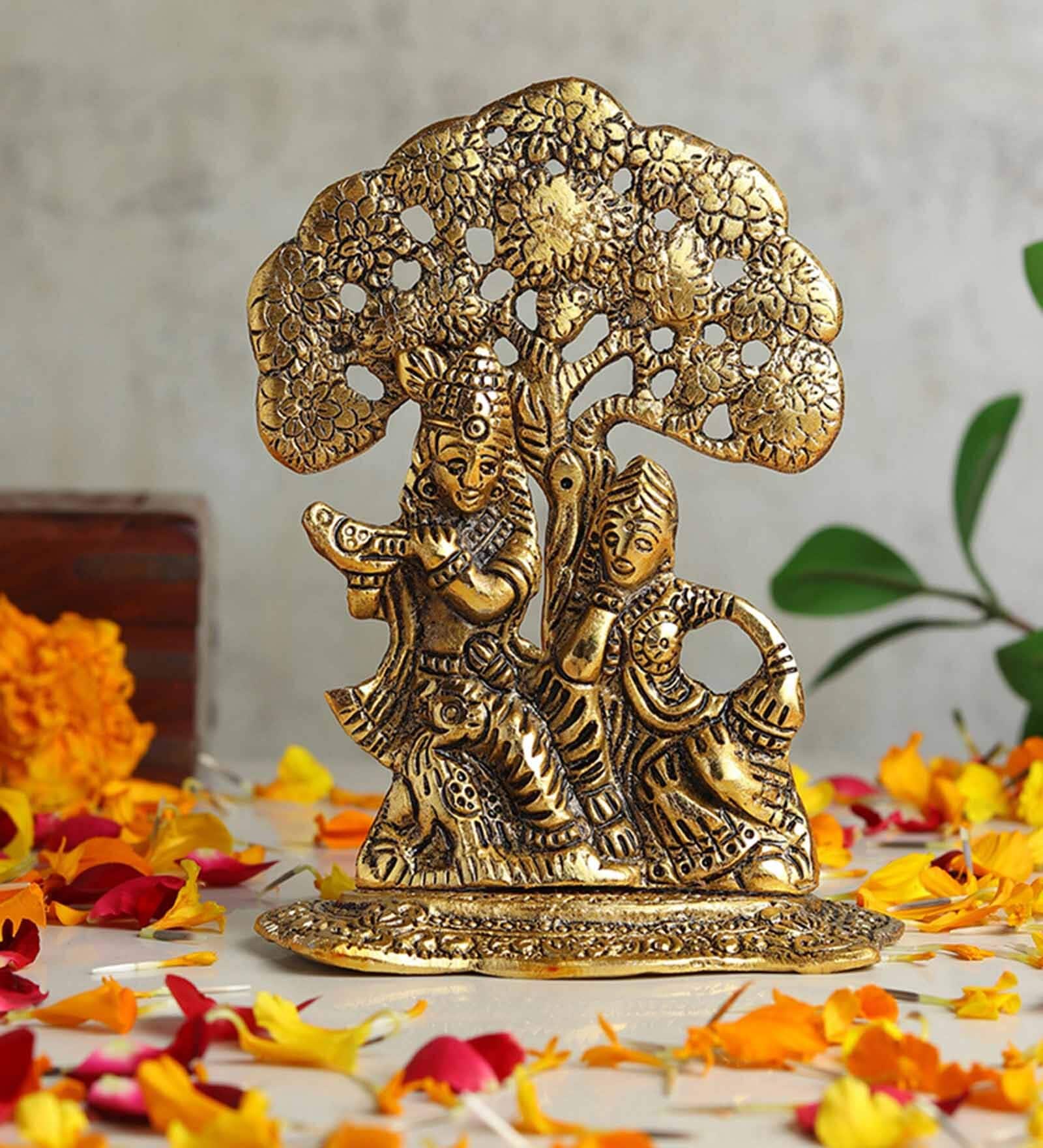 Golden Traditional Radha Krishna Idol