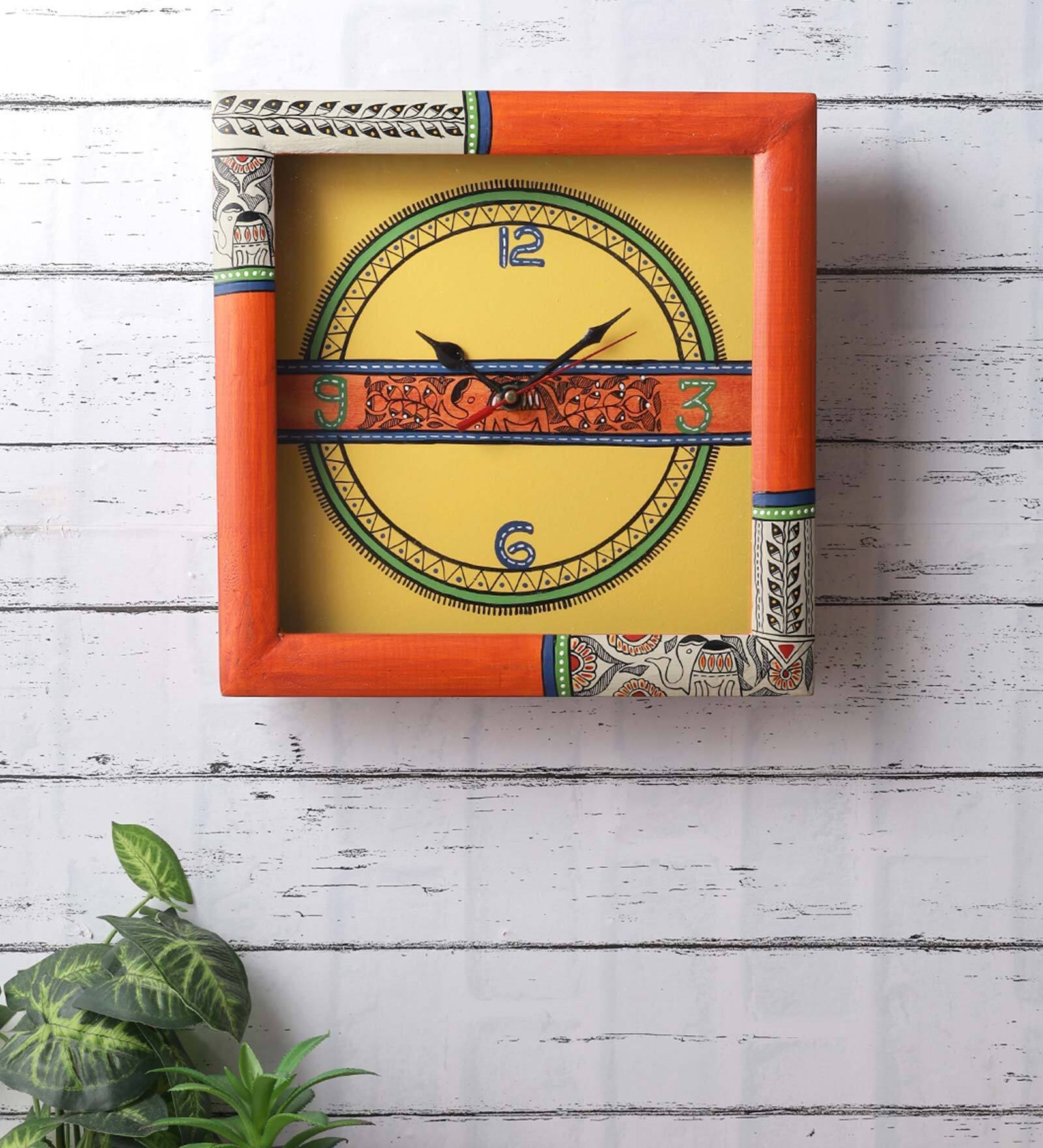 Orange & Yellow Wood Traditional Tribal Traditional Wall Clock