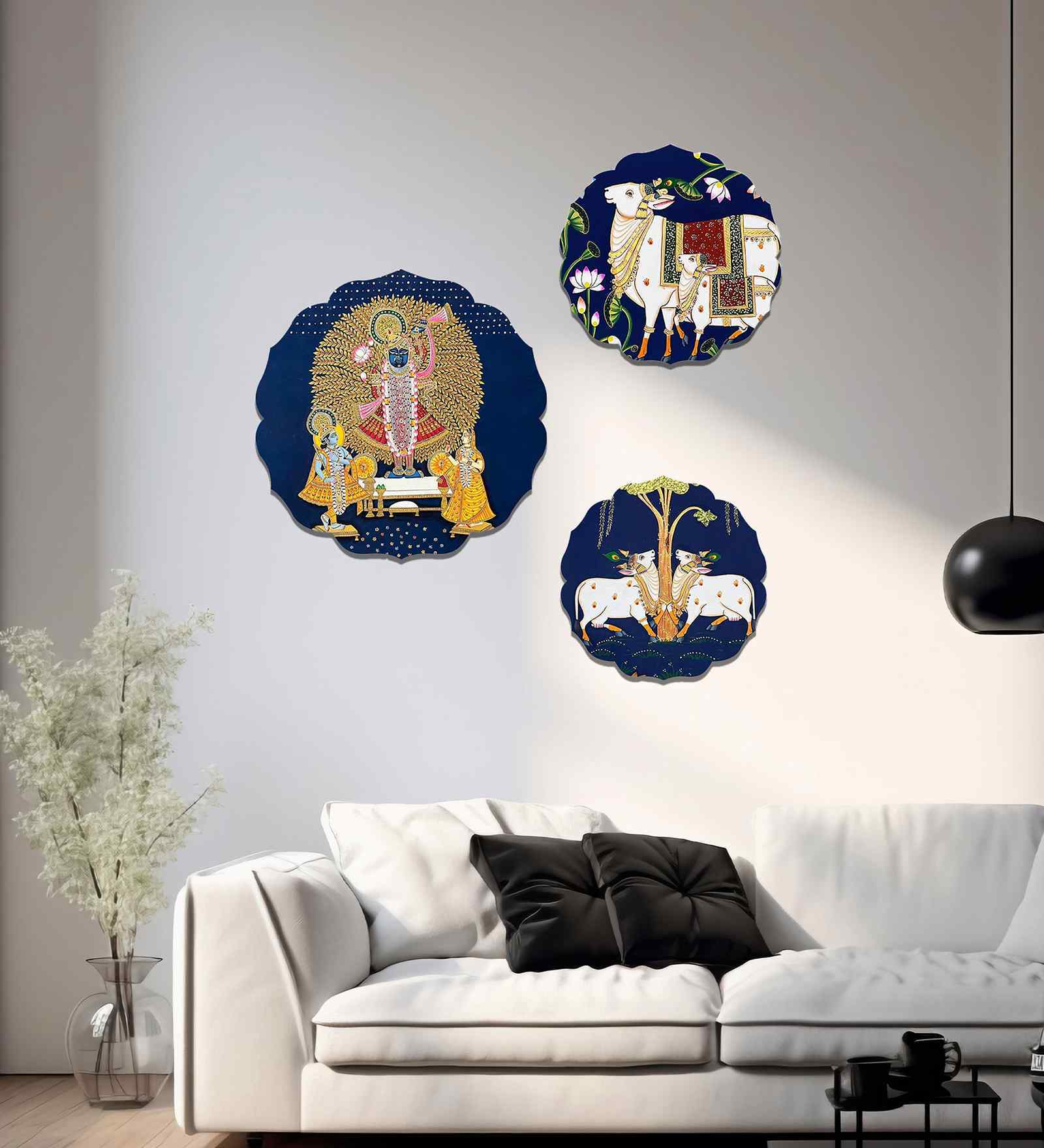 Set of 3  Navy Blue Shrinathji With Kamdhenu Cow Decorative Wall Art