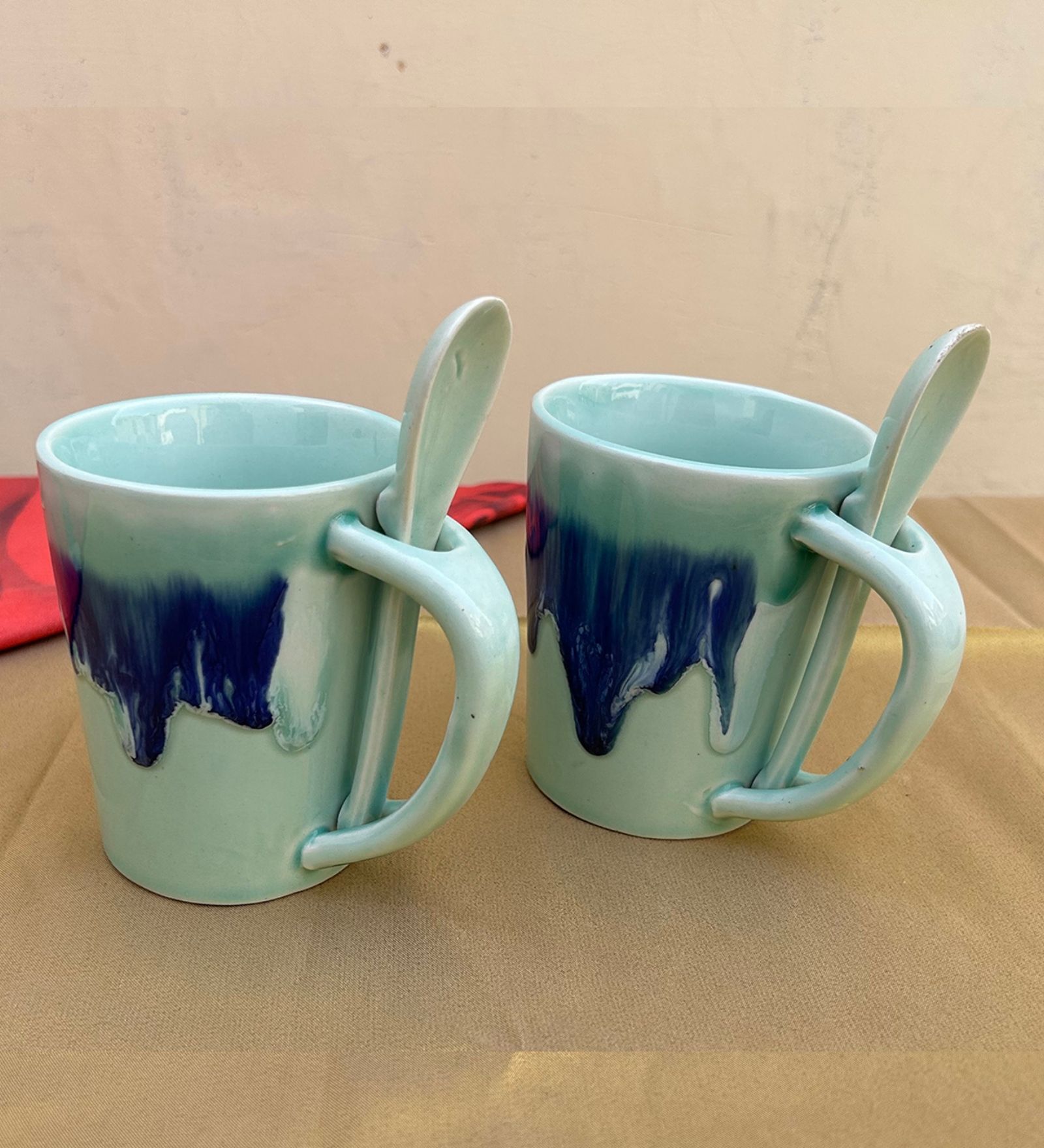 Tranquil Blue Ceramic  4 Pcs Dessert Bowls With Spoon