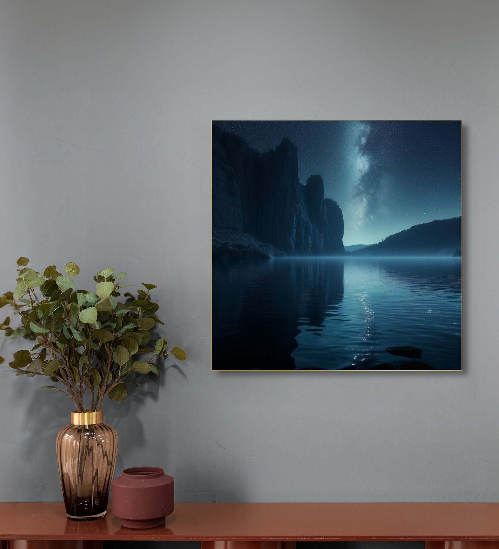 Tranquil Lakeside Canvas Printed Wall Painting Gold Frame