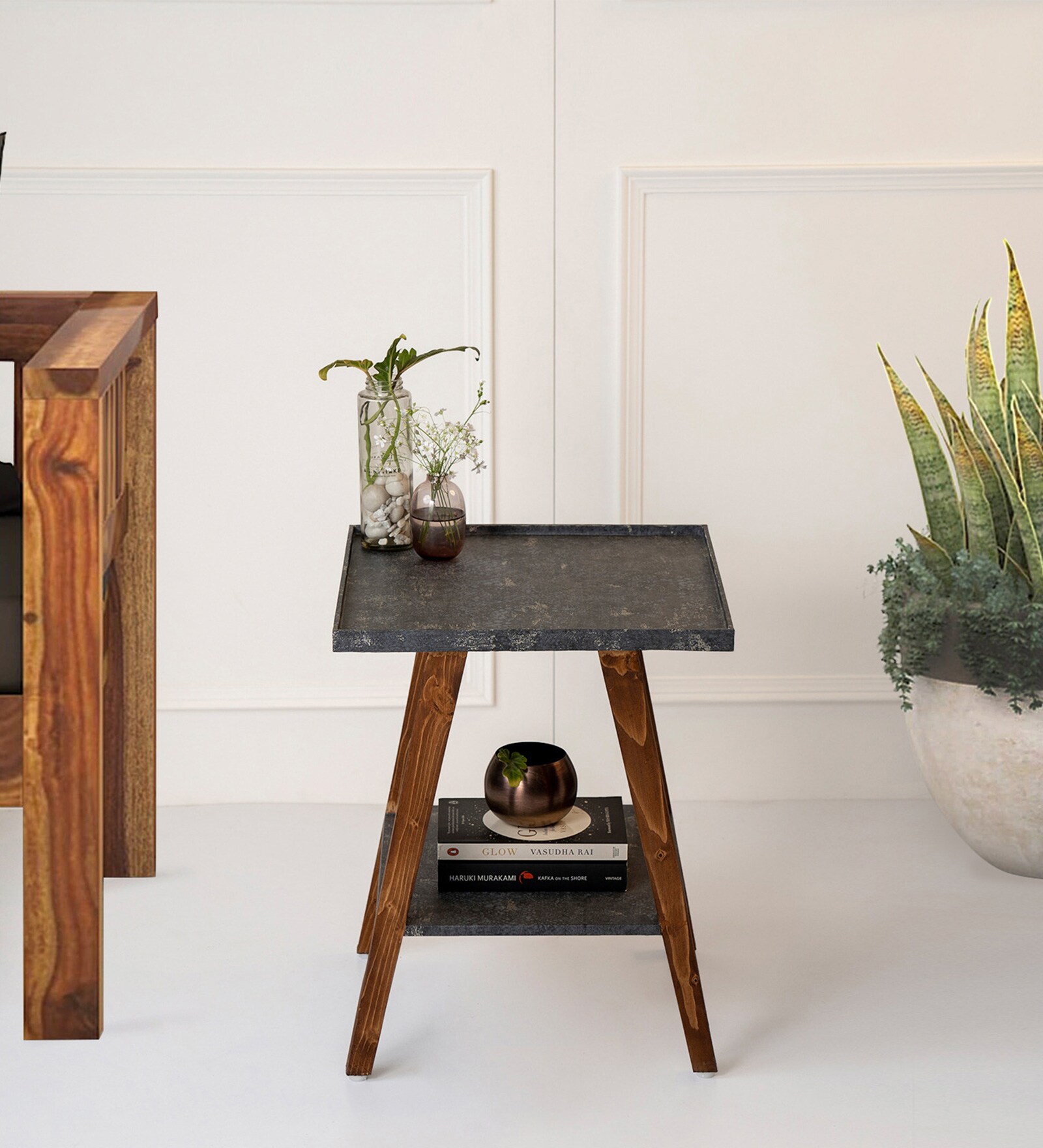 Transcendent Tinge Trapezium Side Table in Metallic Blue Colour Transcendent Tinge Trapezium Side Table in Metallic Blue Colour