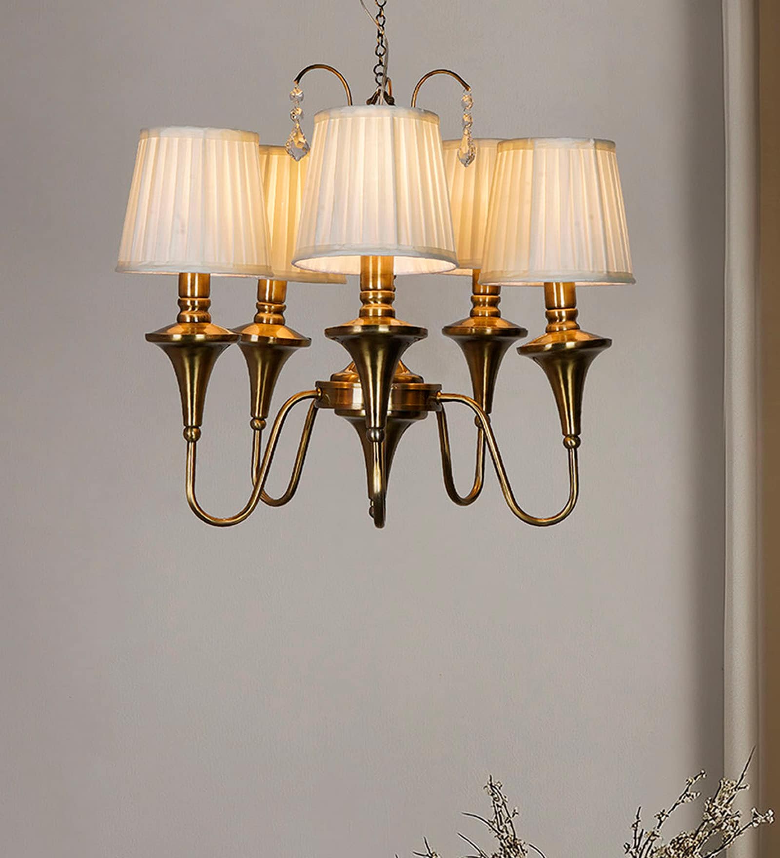 Transitional Antique Brass Finished 5-Light Chandelier with Pleated Fabric Shades