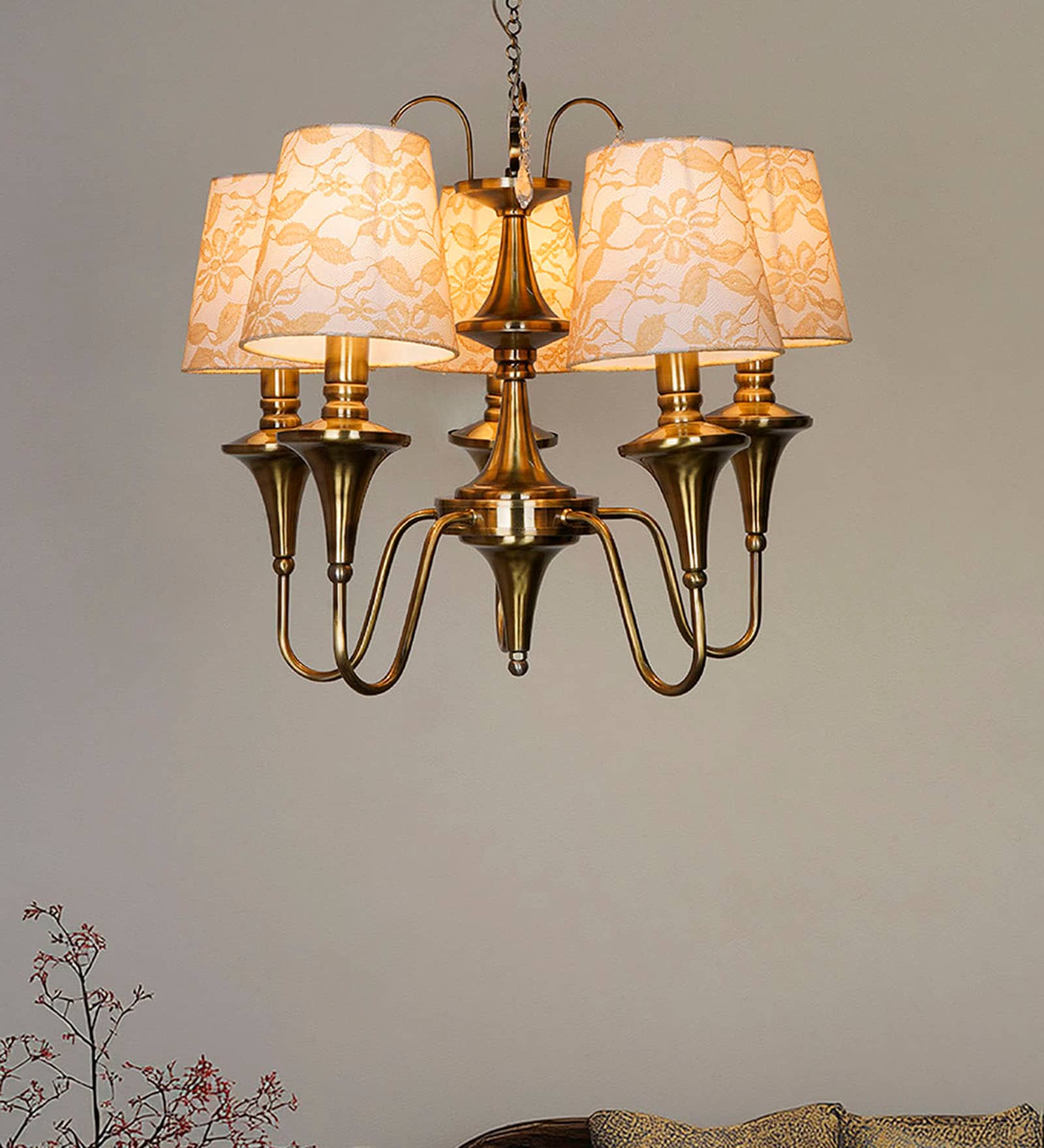 Transitional Antique Brass Finished 5-Light Chandelier with Tapered Lace Fabric Shades