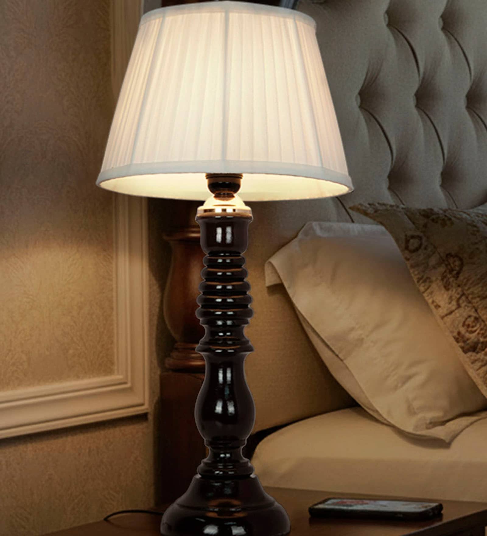 Transitional Wooden Table Lamp | Black Finish with Pleated Chiffon Shade