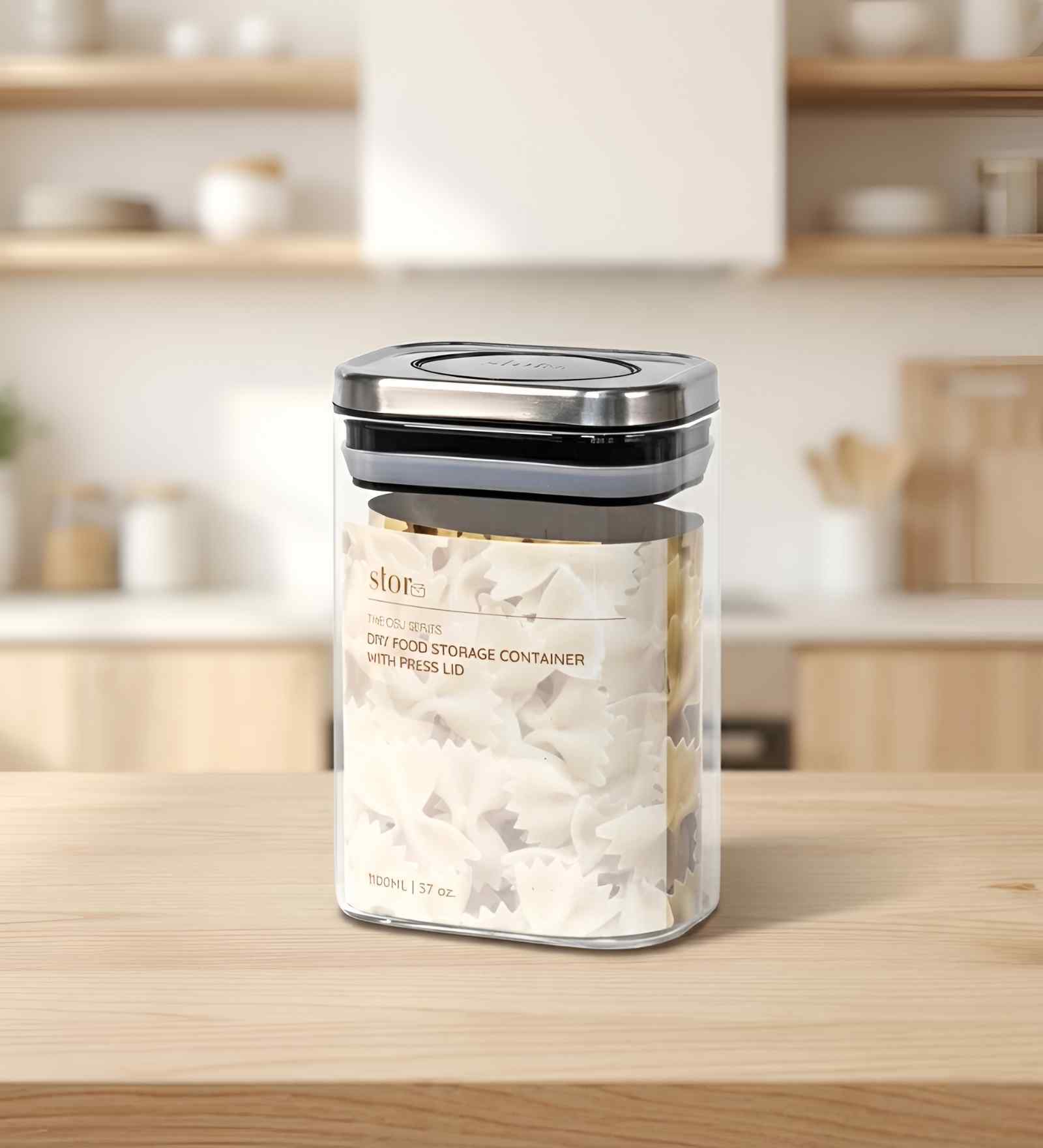 Transparent 1100 ml Borosilicate Glass Storage Container with Airtight Stainless Steel Press Lid