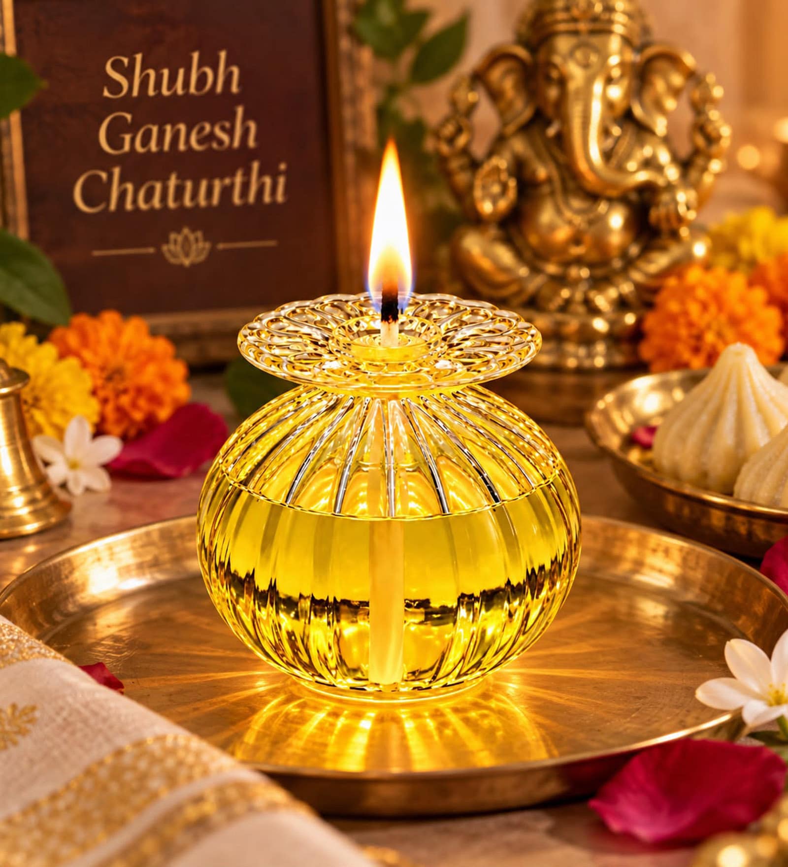 Transparent Glass Diya with Wick Holder
