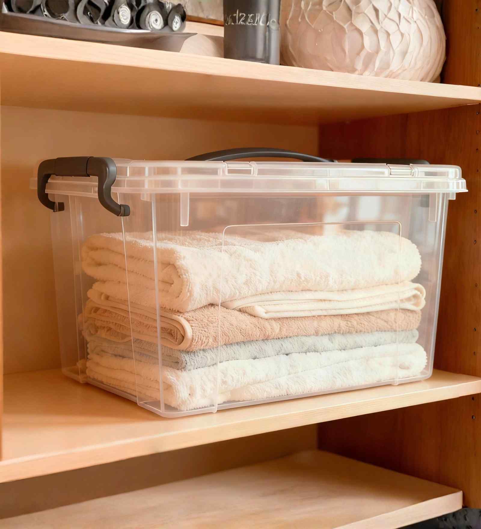 Transparent Storage Box with Lid & Handle, Stackable Polypropylene Organizer