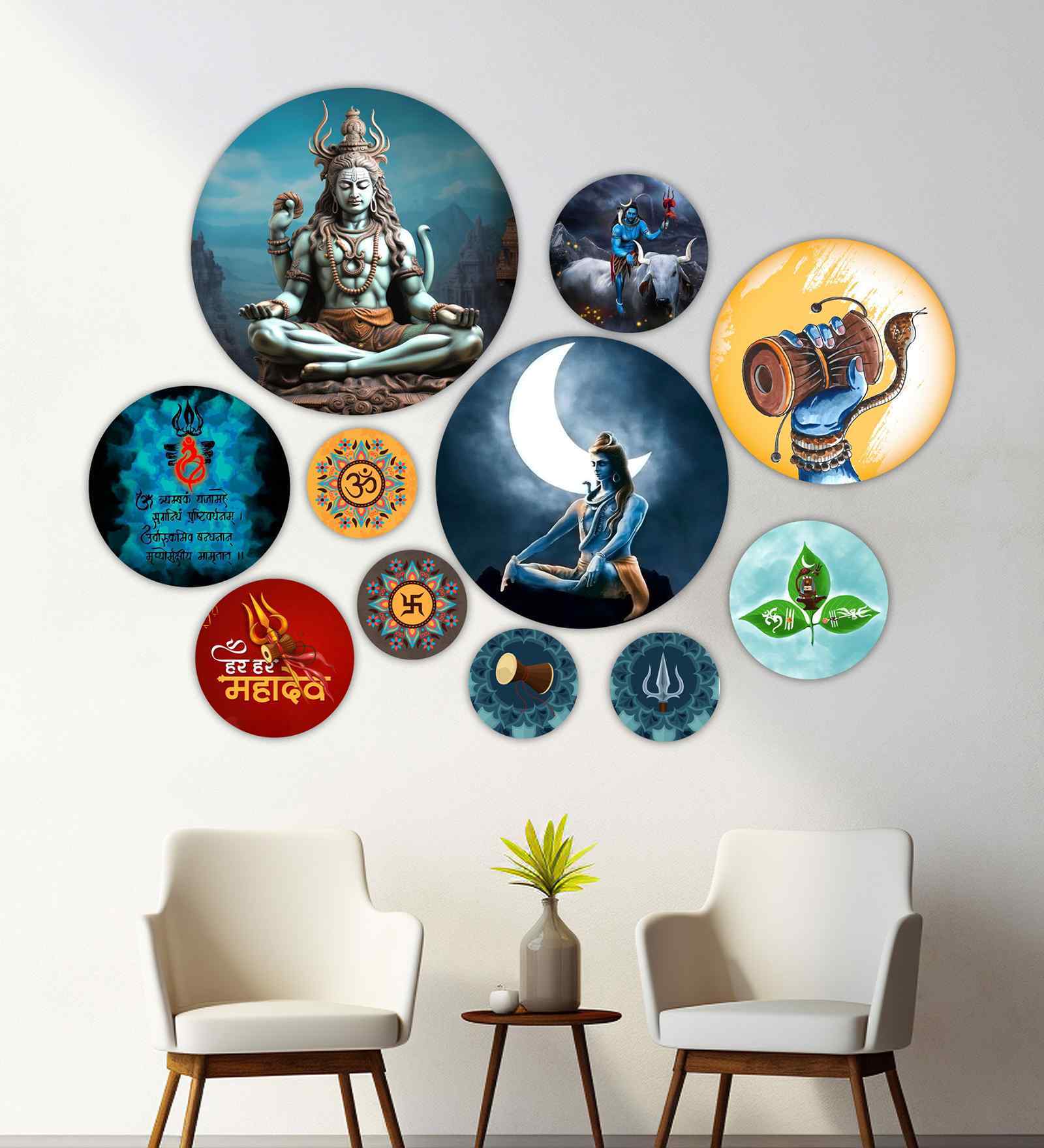 Set of 11 Decorative Shiva Round Wall Art Stickers