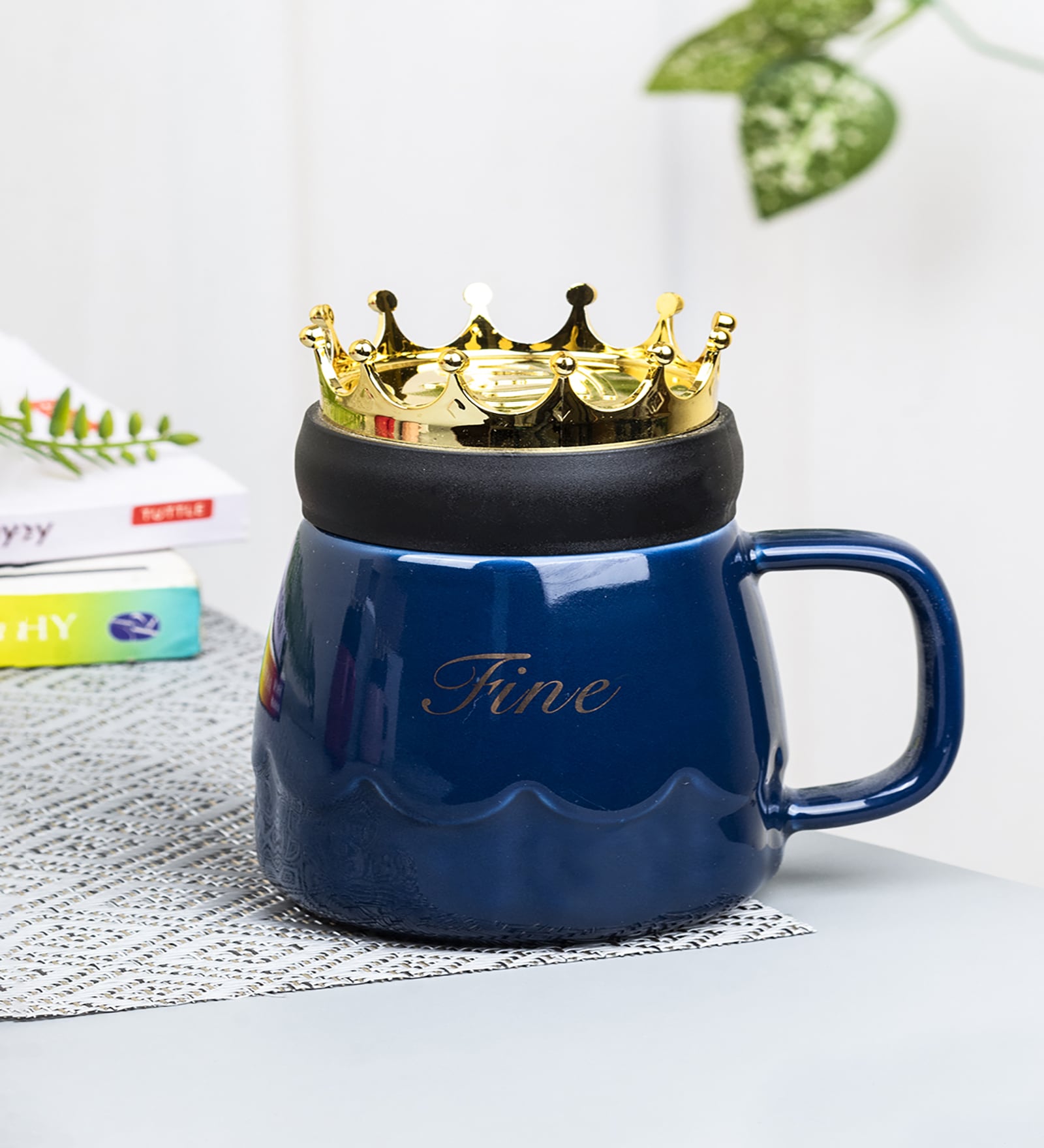 Travel Prince Crown 410 Ml Dark Blue Ceramic Coffee Mug