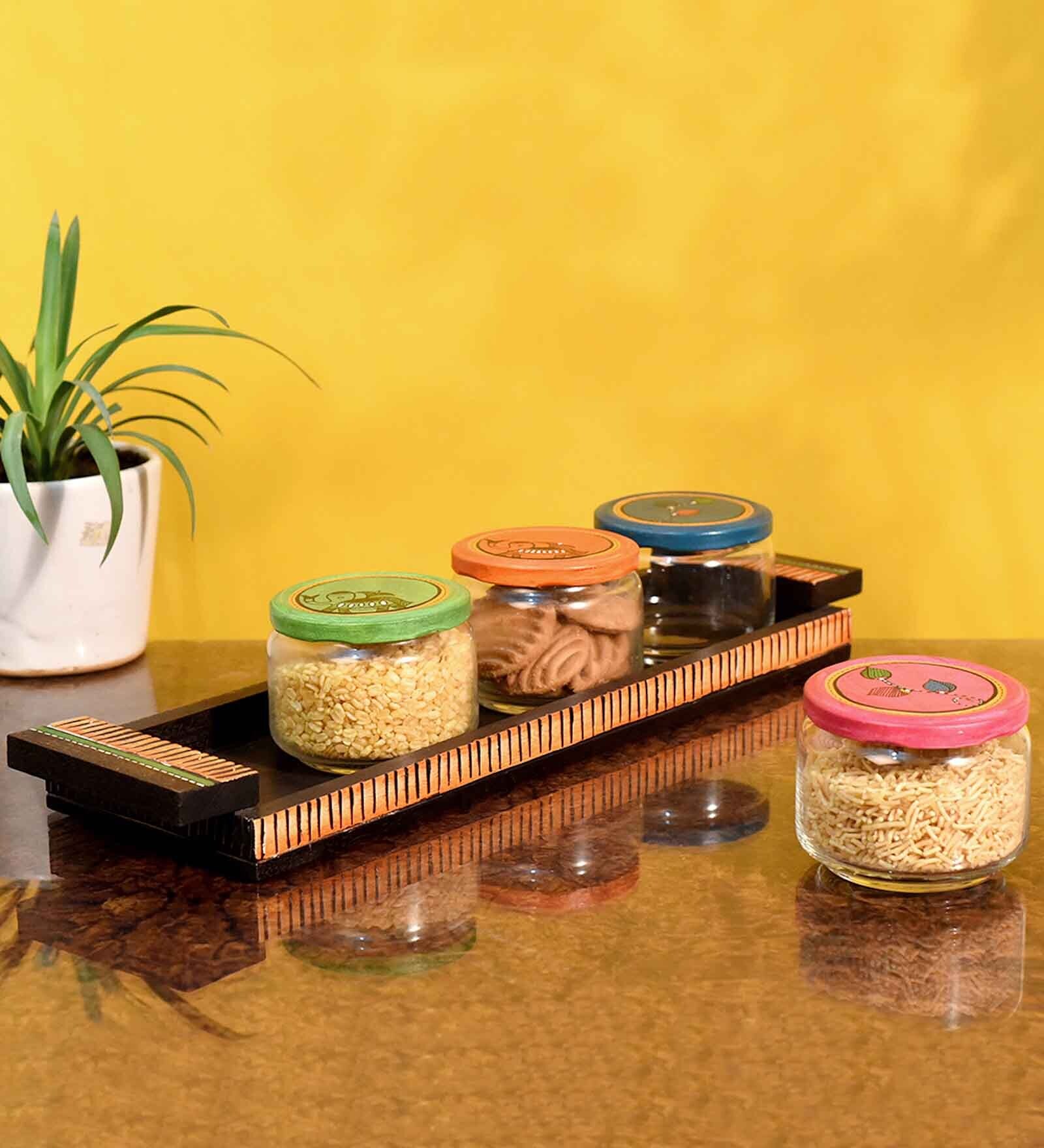 Madhubani Natural Brown Glass and Wood 4 Pcs Condiment Jars With Tray