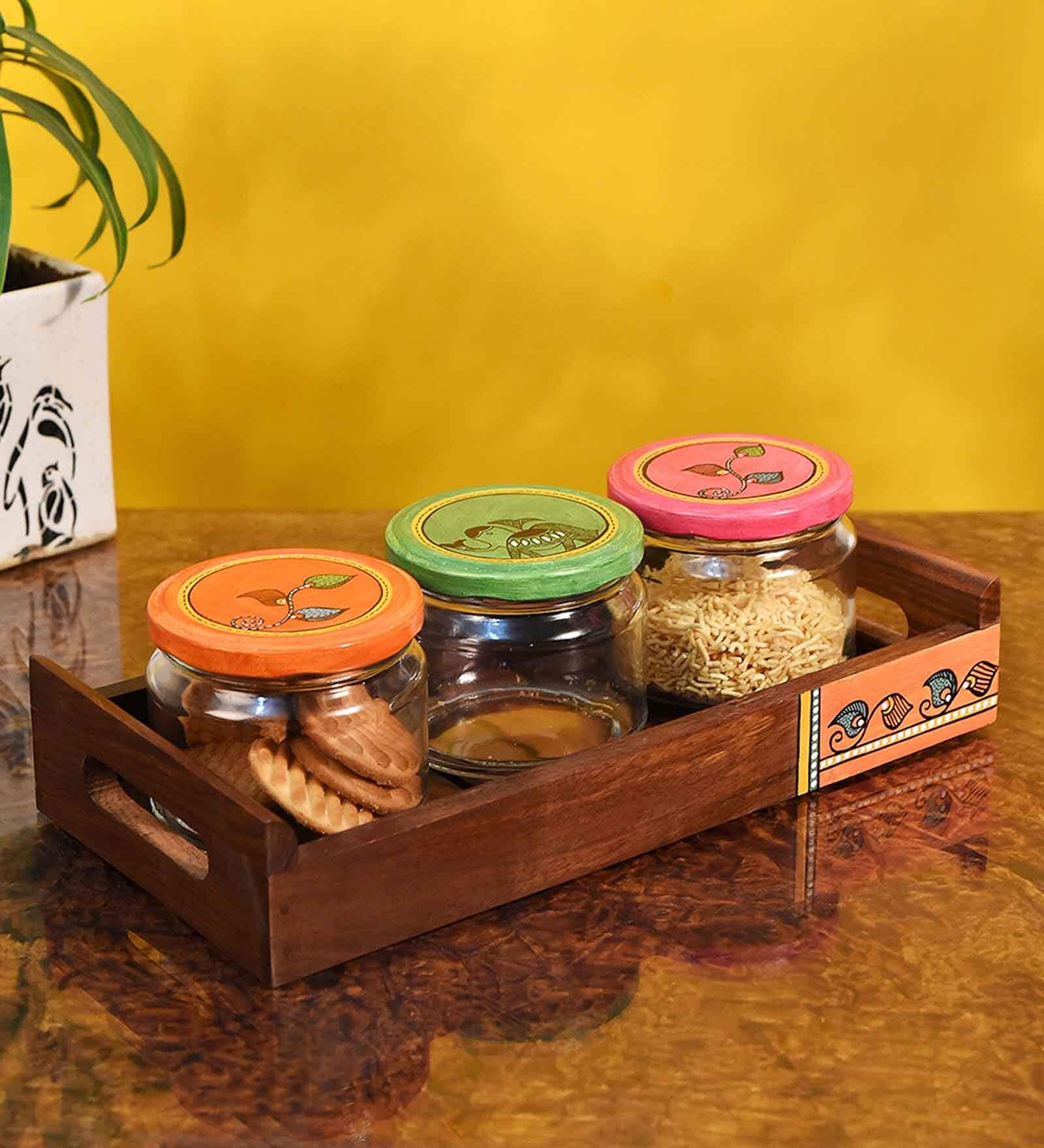 Natural Brown Glass and Wood 3 Pcs Condiment Jars With Tray