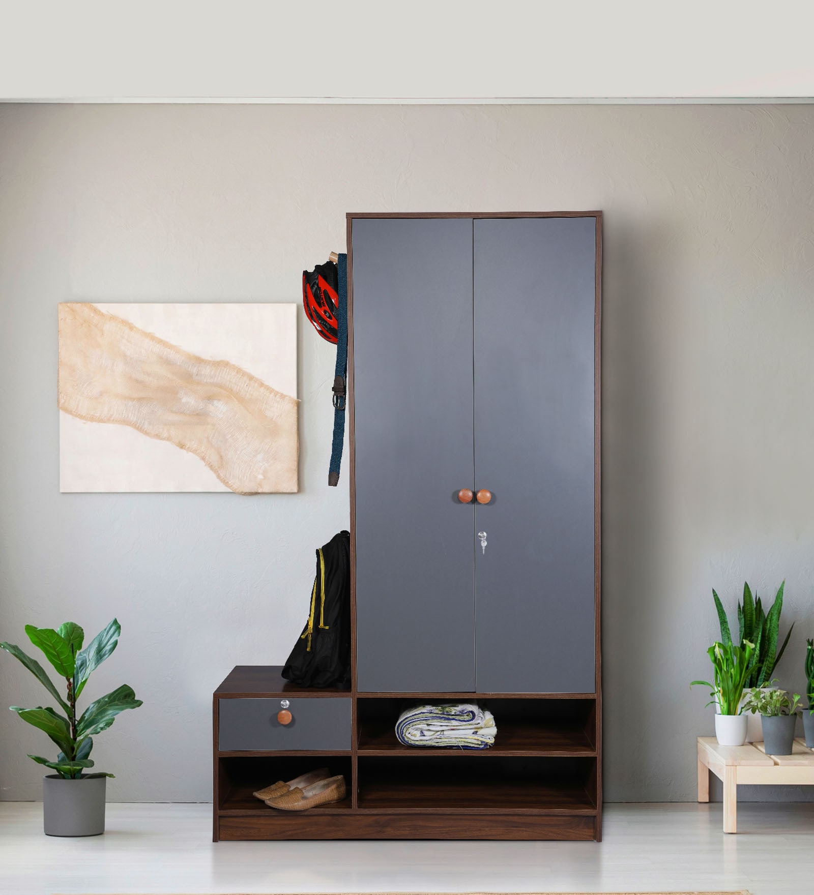 Tree 2 Door Wardrobe in Grey & Walnut Finish