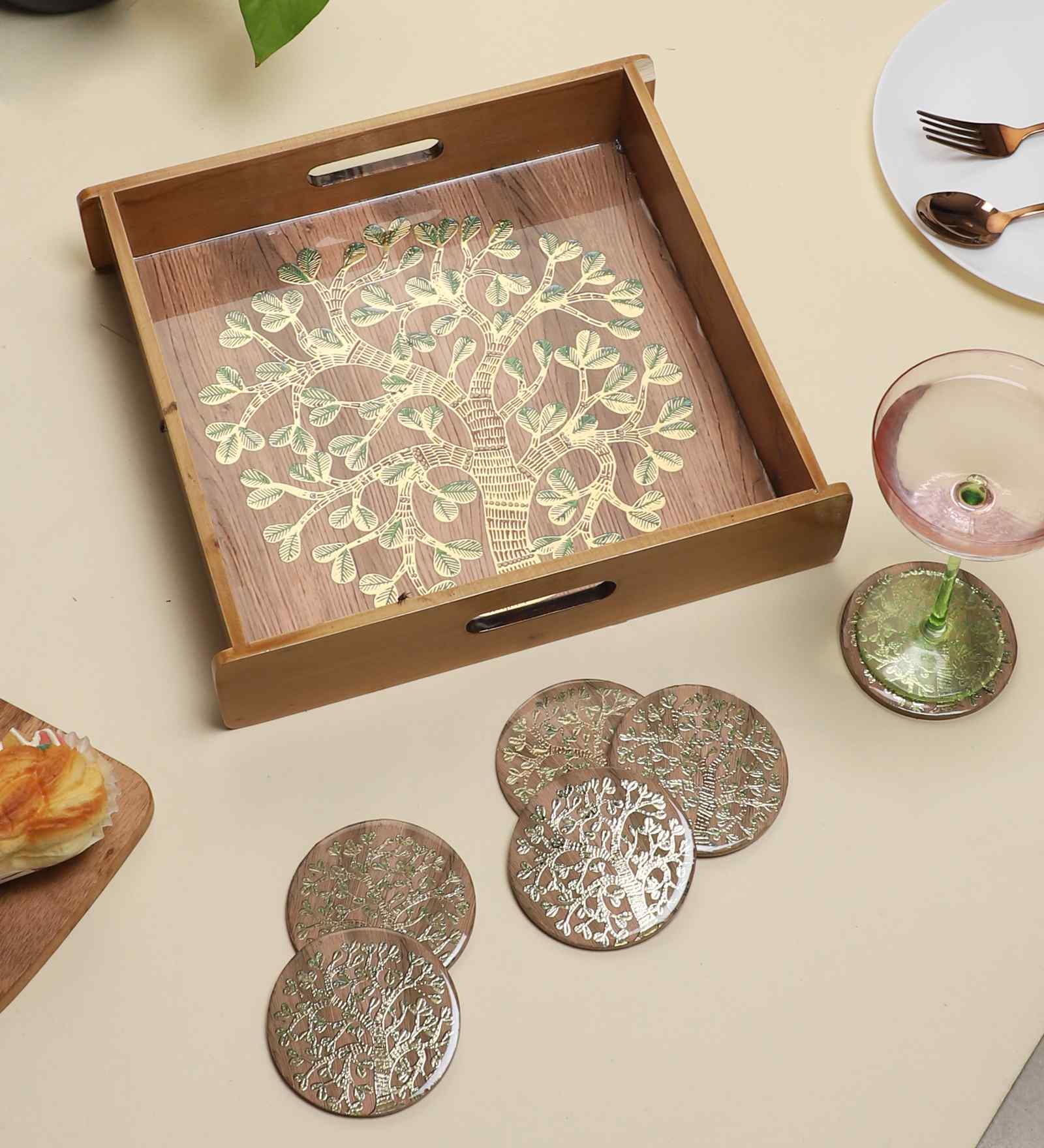 Tree of Harmony Wooden Tray & Coaster Set