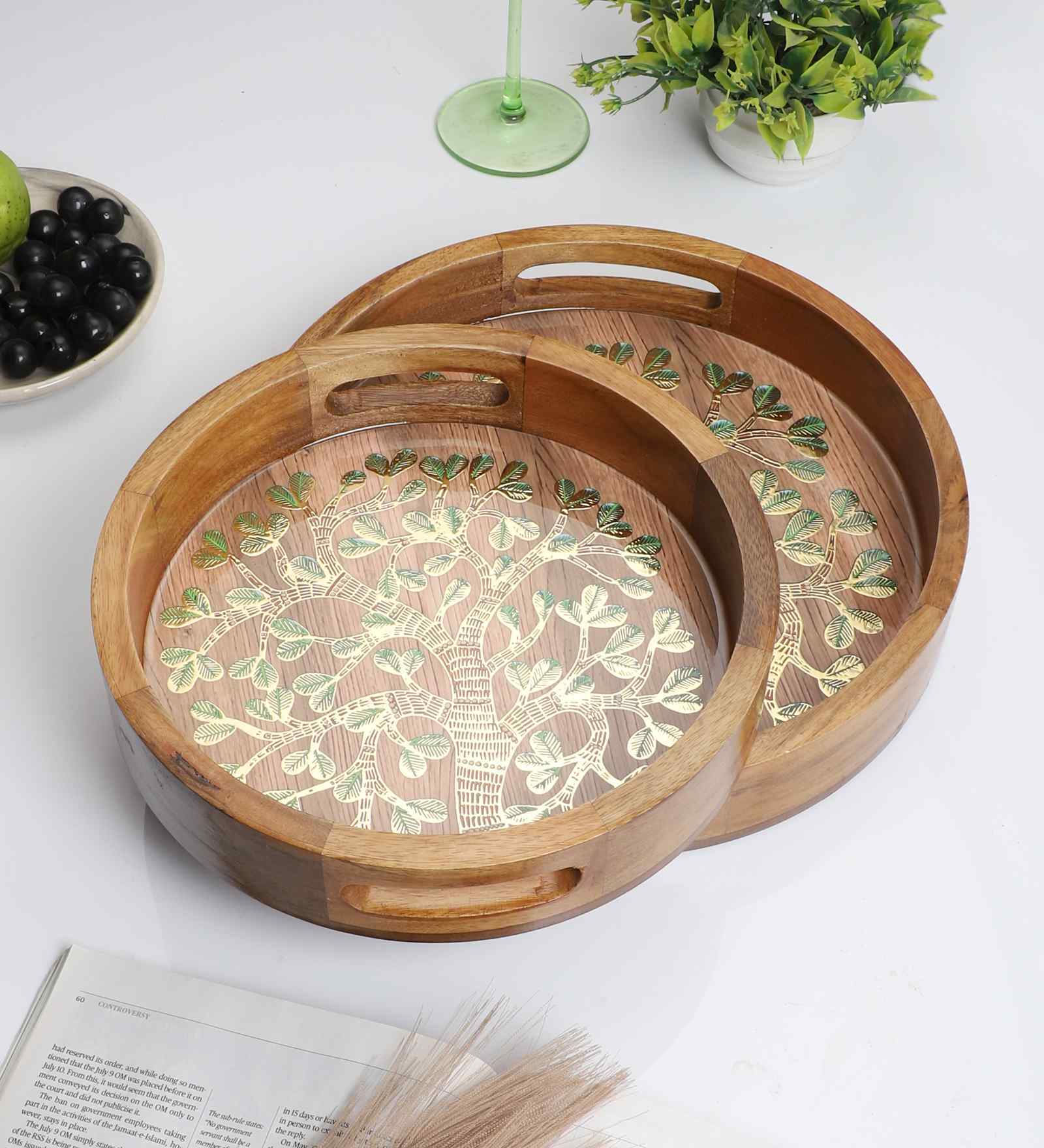 Tree of Life Wooden Tray Set   Handcrafted Nature Design (Set of 2)
