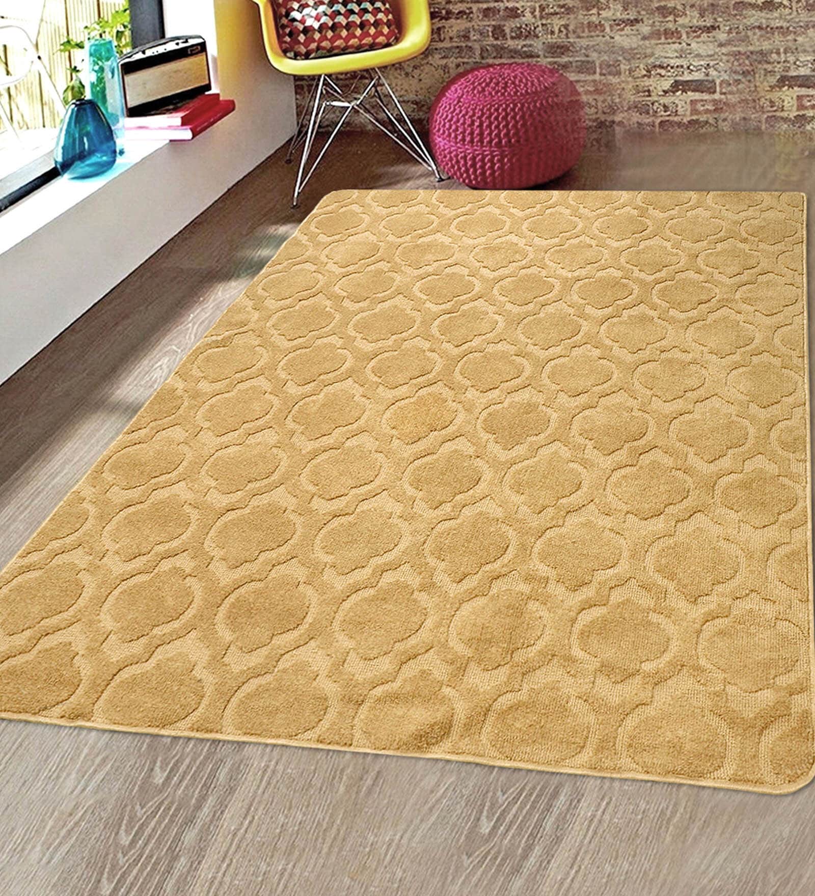 Beige Abstract Microfibre 5 ft x 7 ft Hand Tufted Carpet