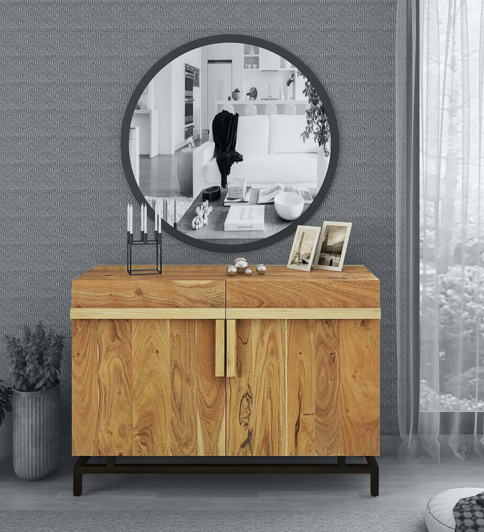 Trestle Solid Acacia Wood Sideboard In Natural Acacia Finish