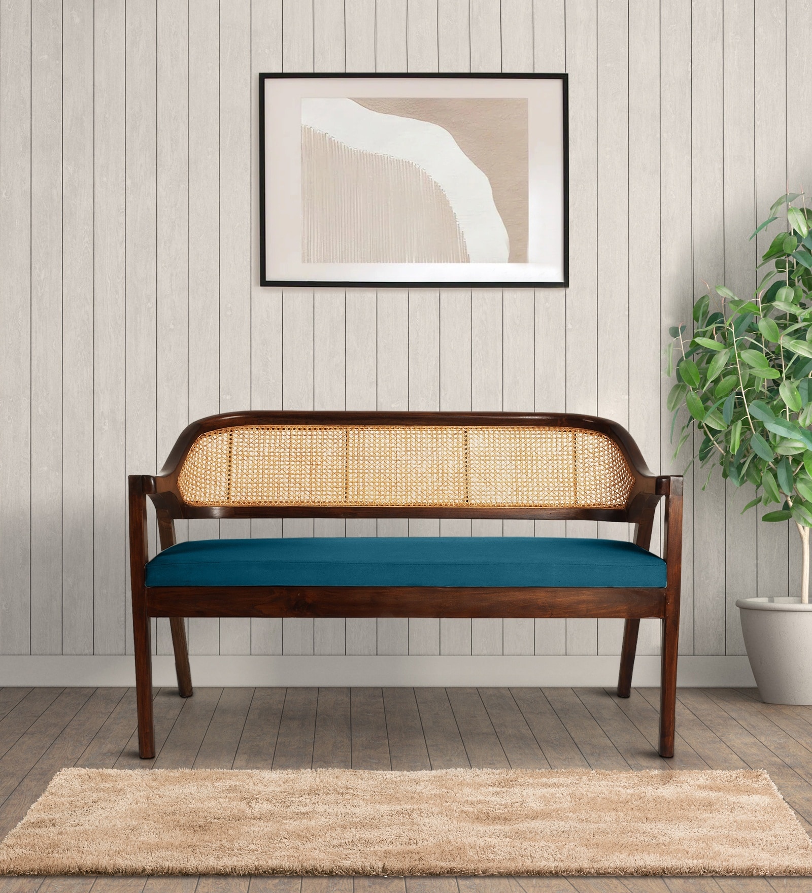 Trevor Teak Wood Rattan Bench In Blue Color