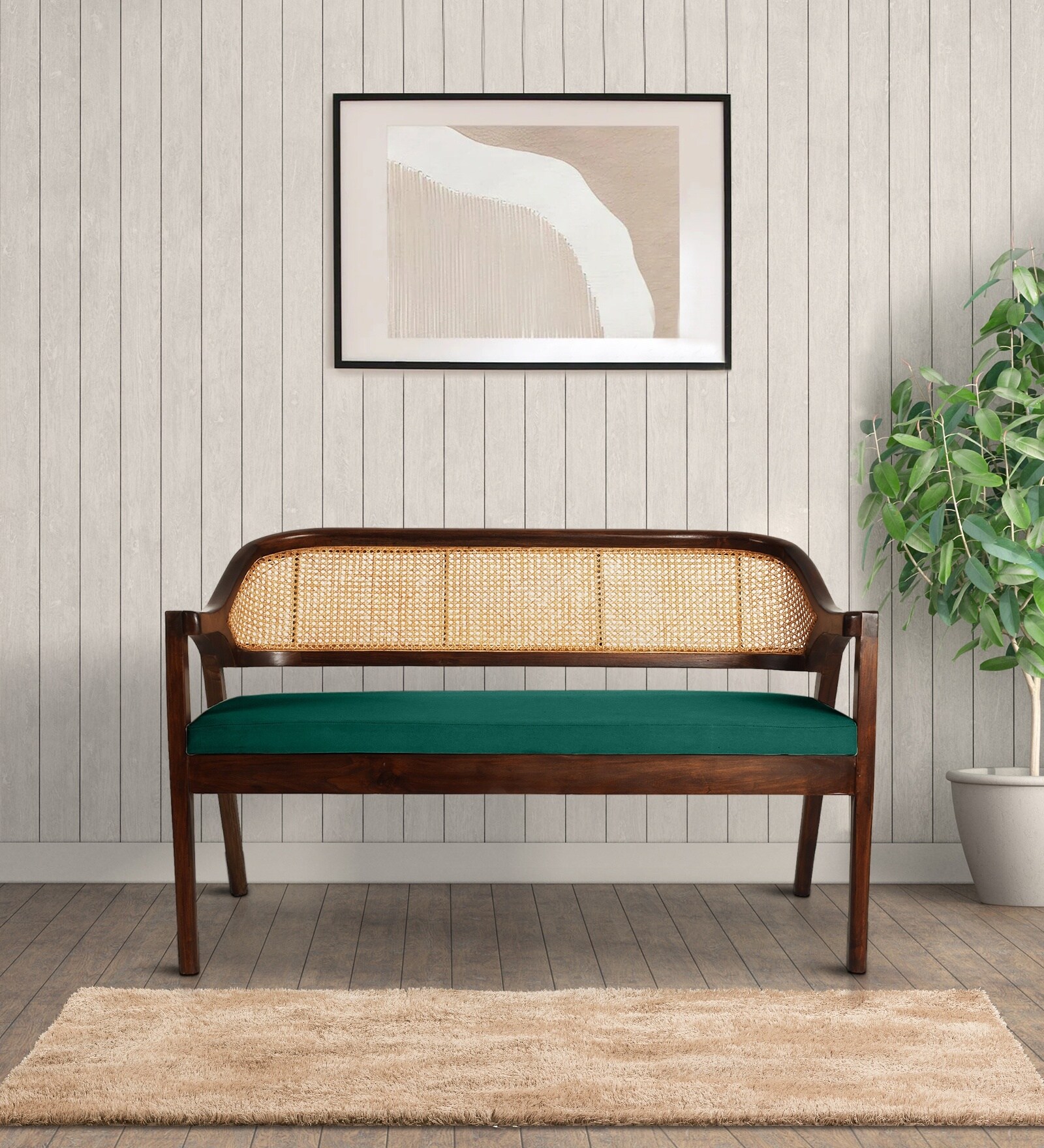 Trevor Teak Wood Rattan Bench In Green Color