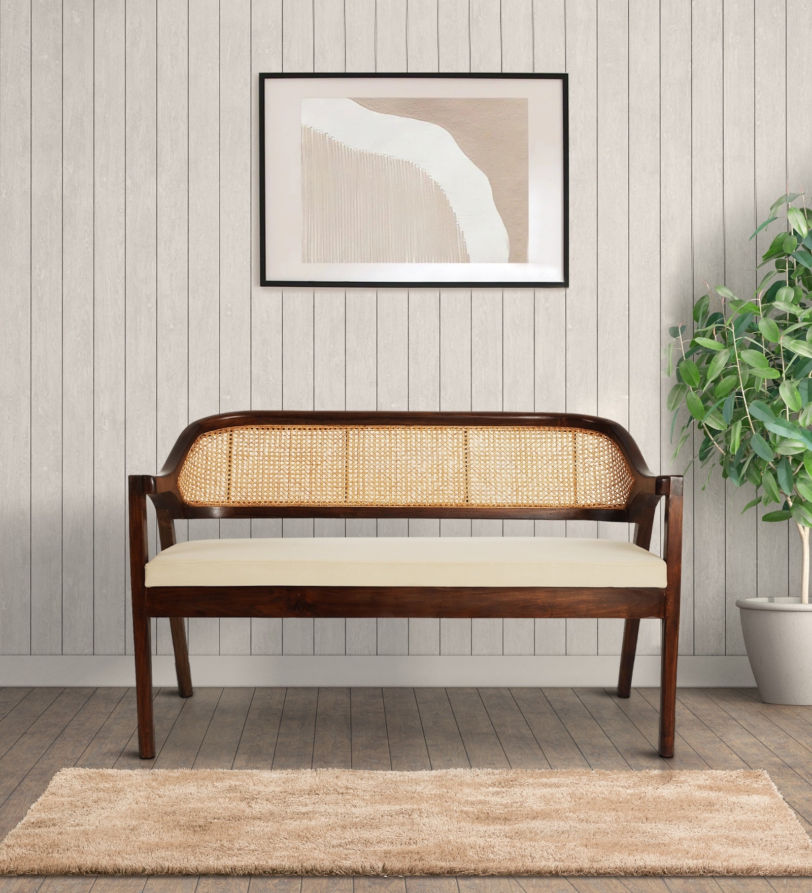 Trevor Teak Wood Rattan Bench In Beige Color