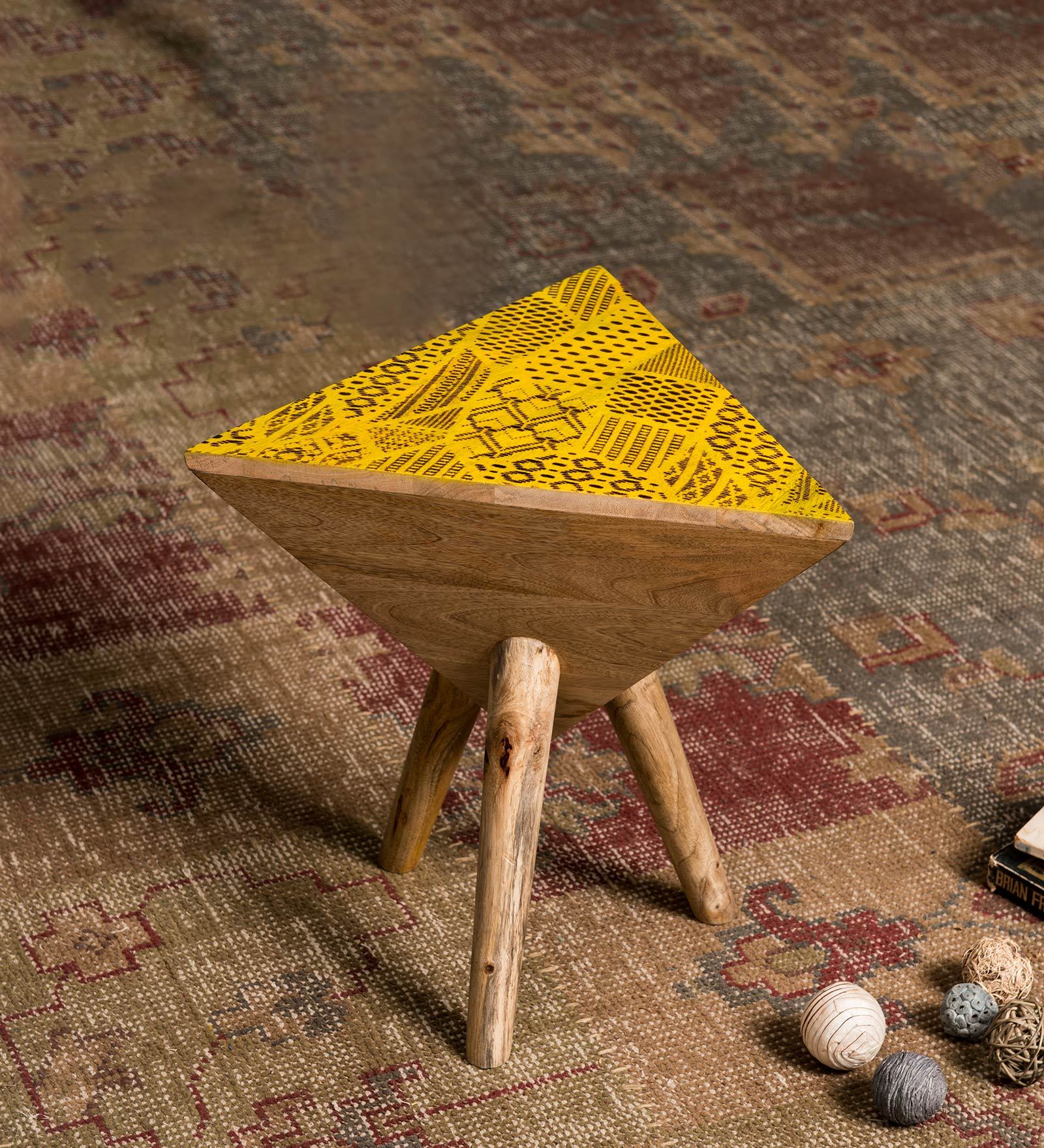 Triangular Solid Wood Seating Stool in Yellow on Natural Finish