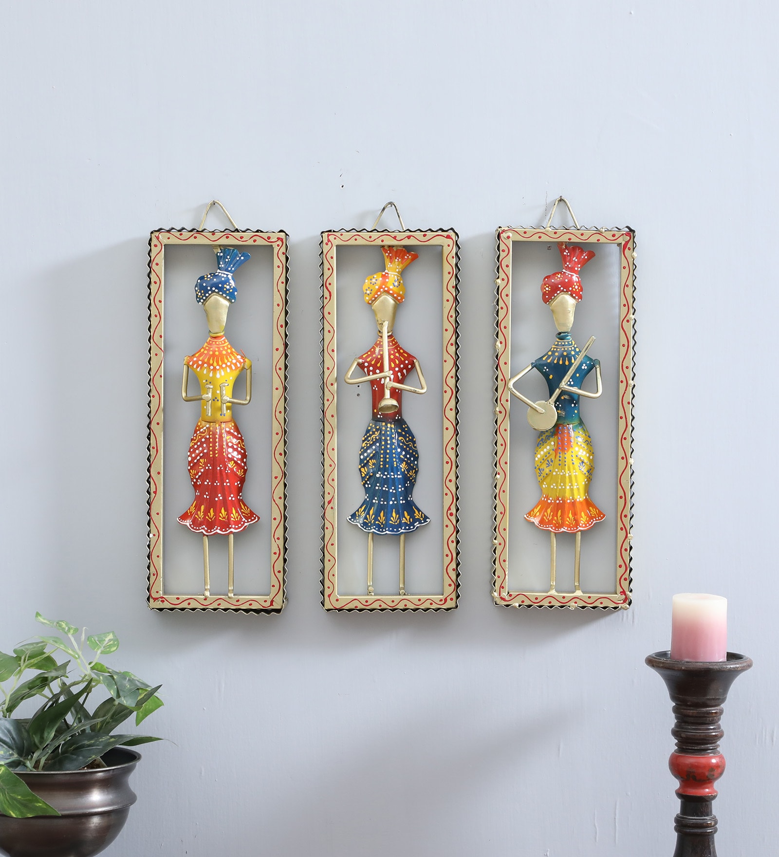 Tribal Baba Set Of 3 Multicolour Iron Wall Art Without LED