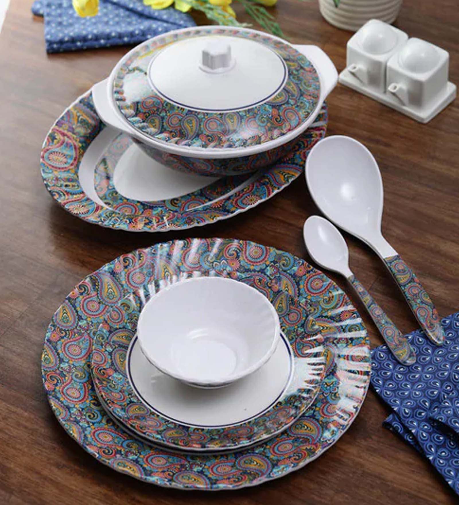 Tribal Paisley 41 Pcs White & Green Melamine Dinnerware Set