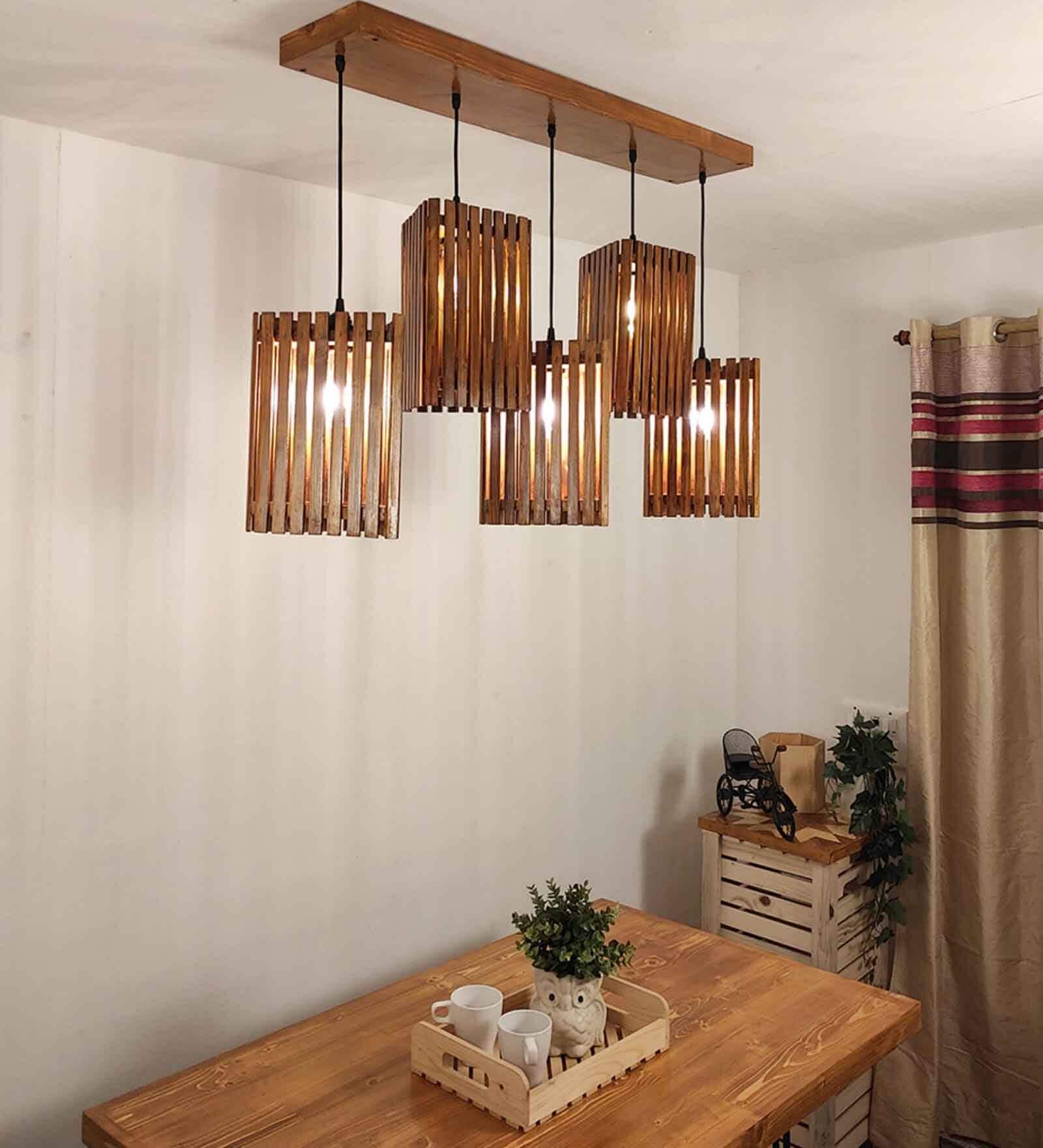 Trikona 5 Lights Brown Solid Wood Linear Chandelier Cluster Hanging Light