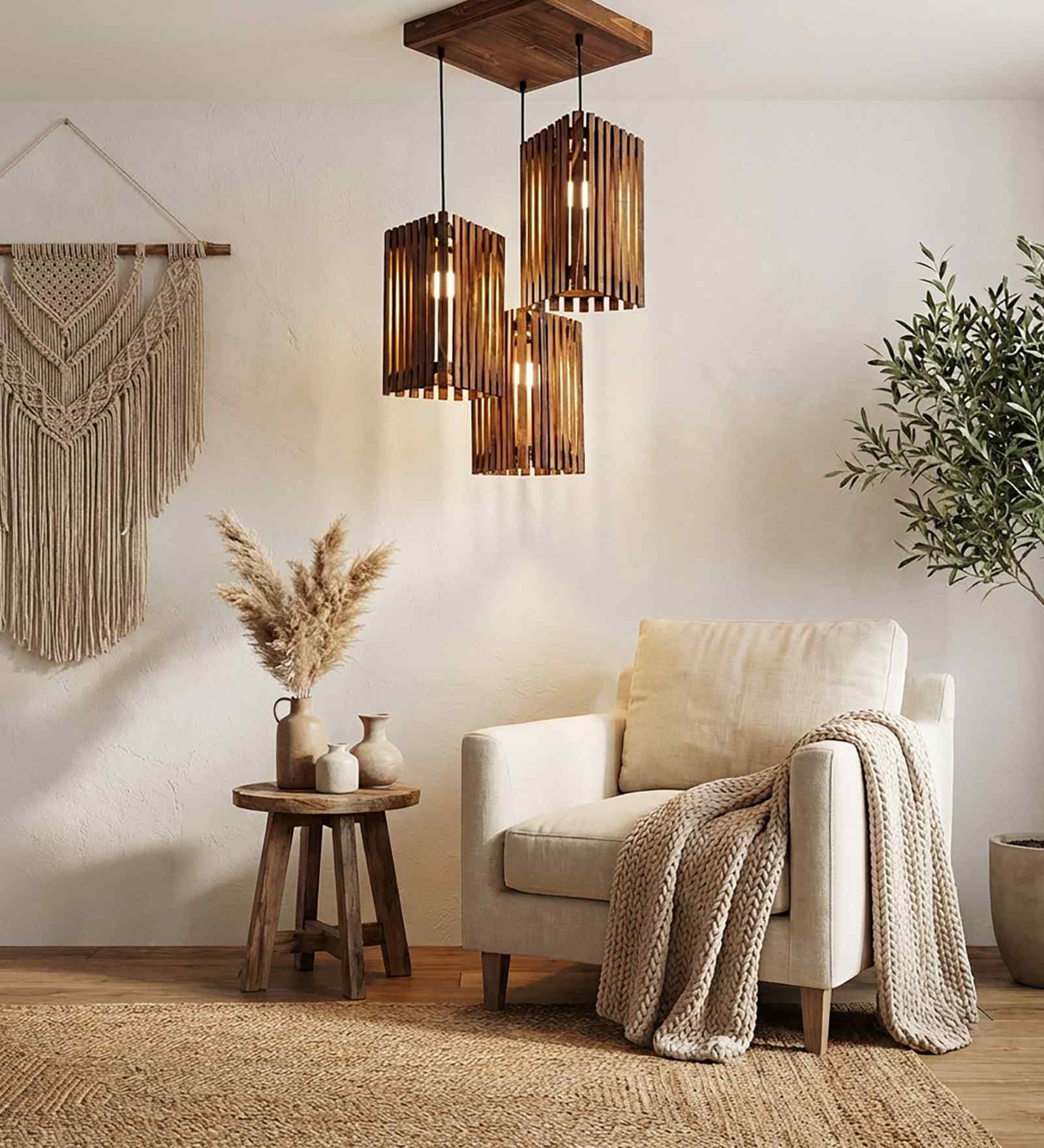 Trikona Brown Solid Wood Cluster Hanging Light