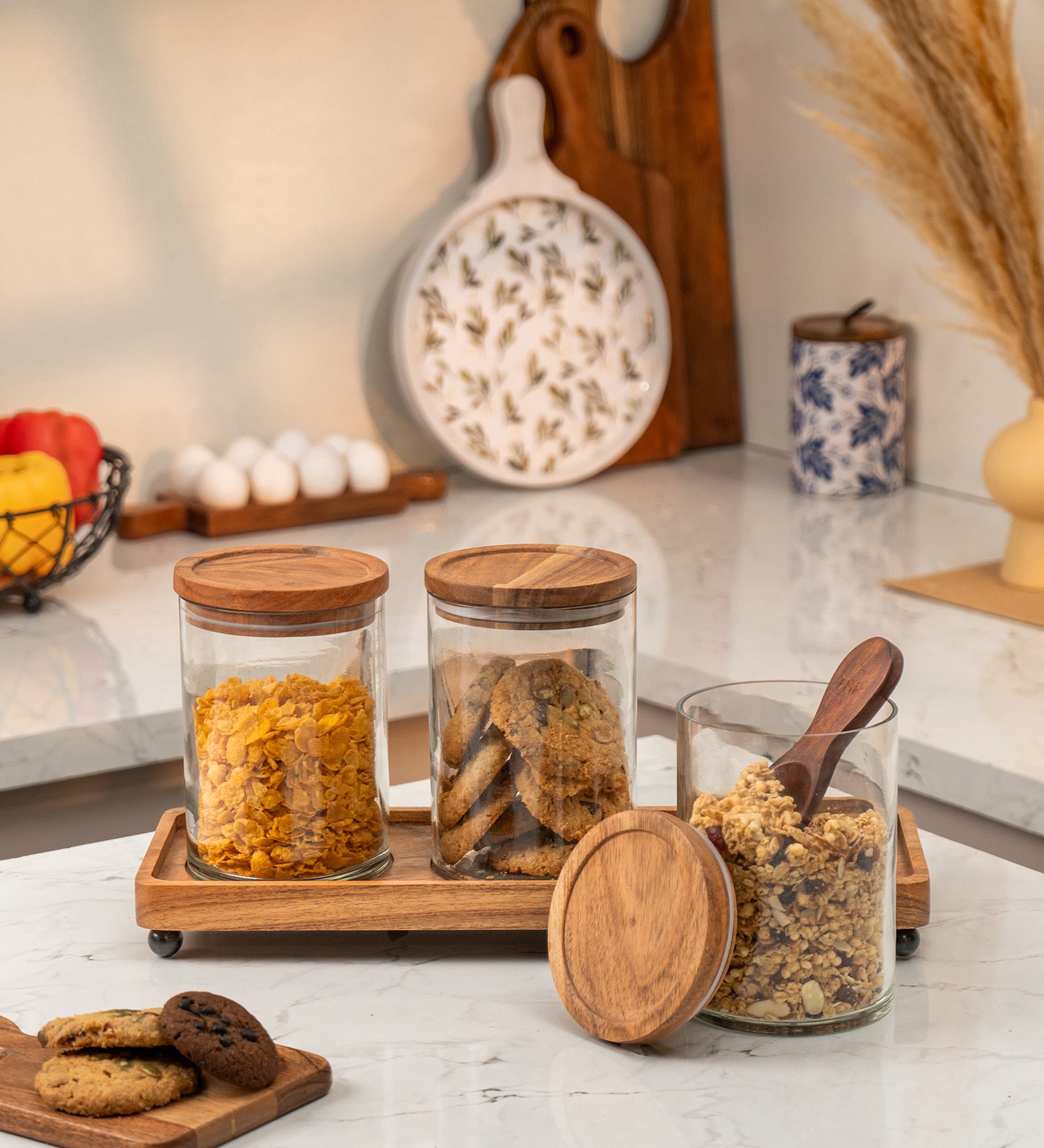 Set of 3 Trine Storage Jar Set Glass & Acacia Wood with Tray