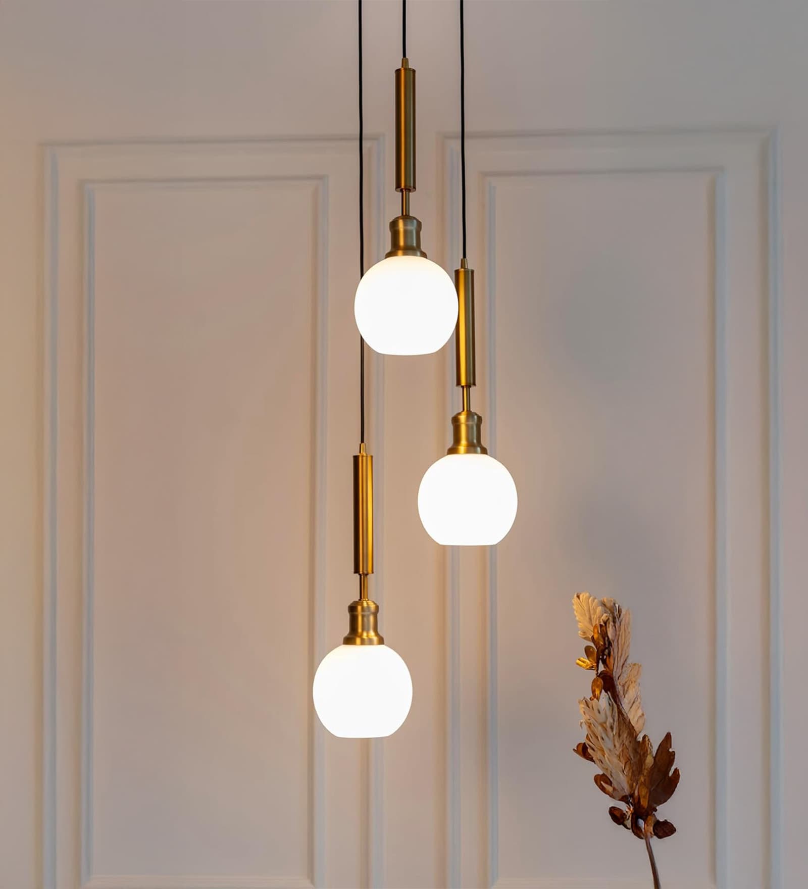 Triple Globe Hanging Pendant Light Antique Brass Finish with Frosted Milky White Glass