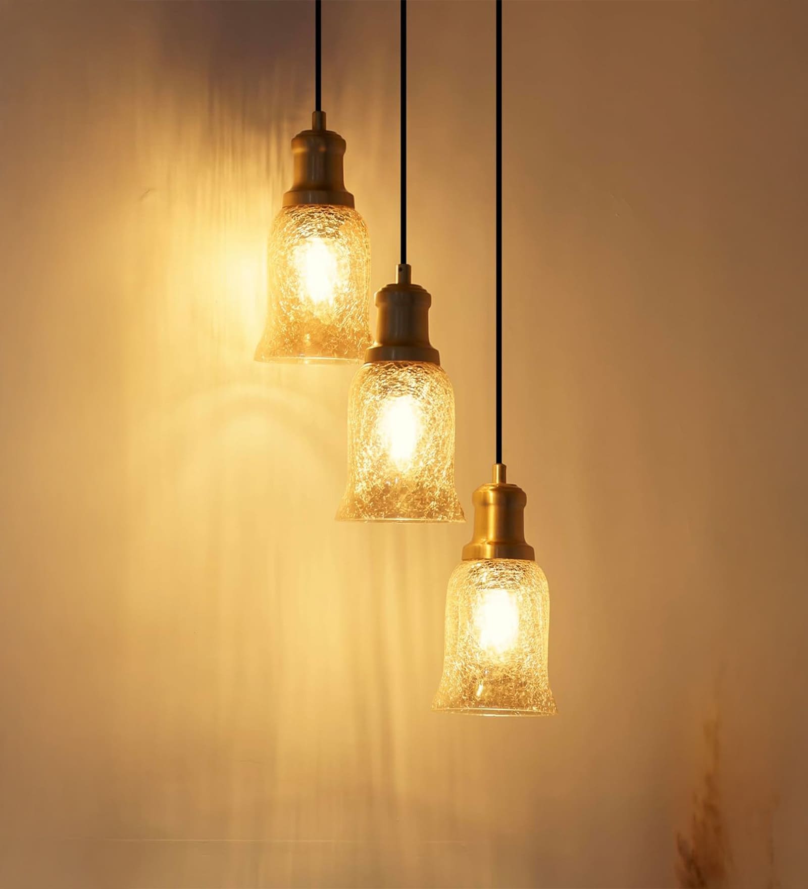 Triple Hanging Pendant Light Antique Brass Finish with Chimney Crackled Golden Luster Glass