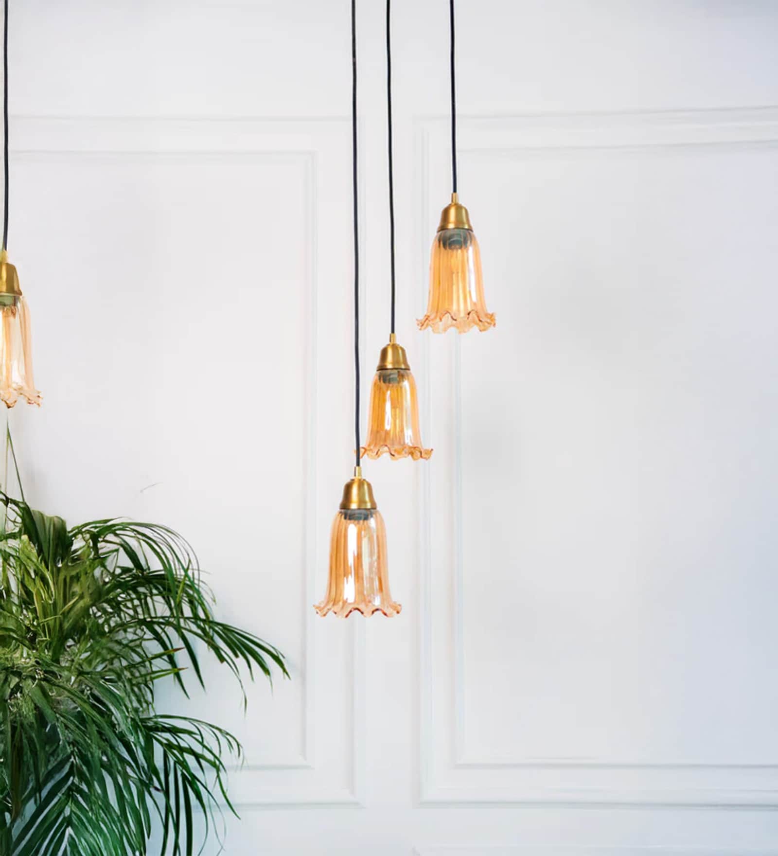 Triple Hanging Pendant Light Antique Brass Finish with Fluted Flower Golden Luster Glass