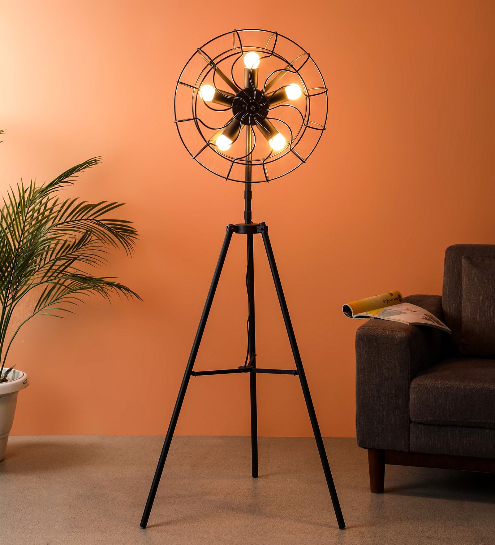 Marco Black Metal Shade Tripod Floor Lamp with Black Base