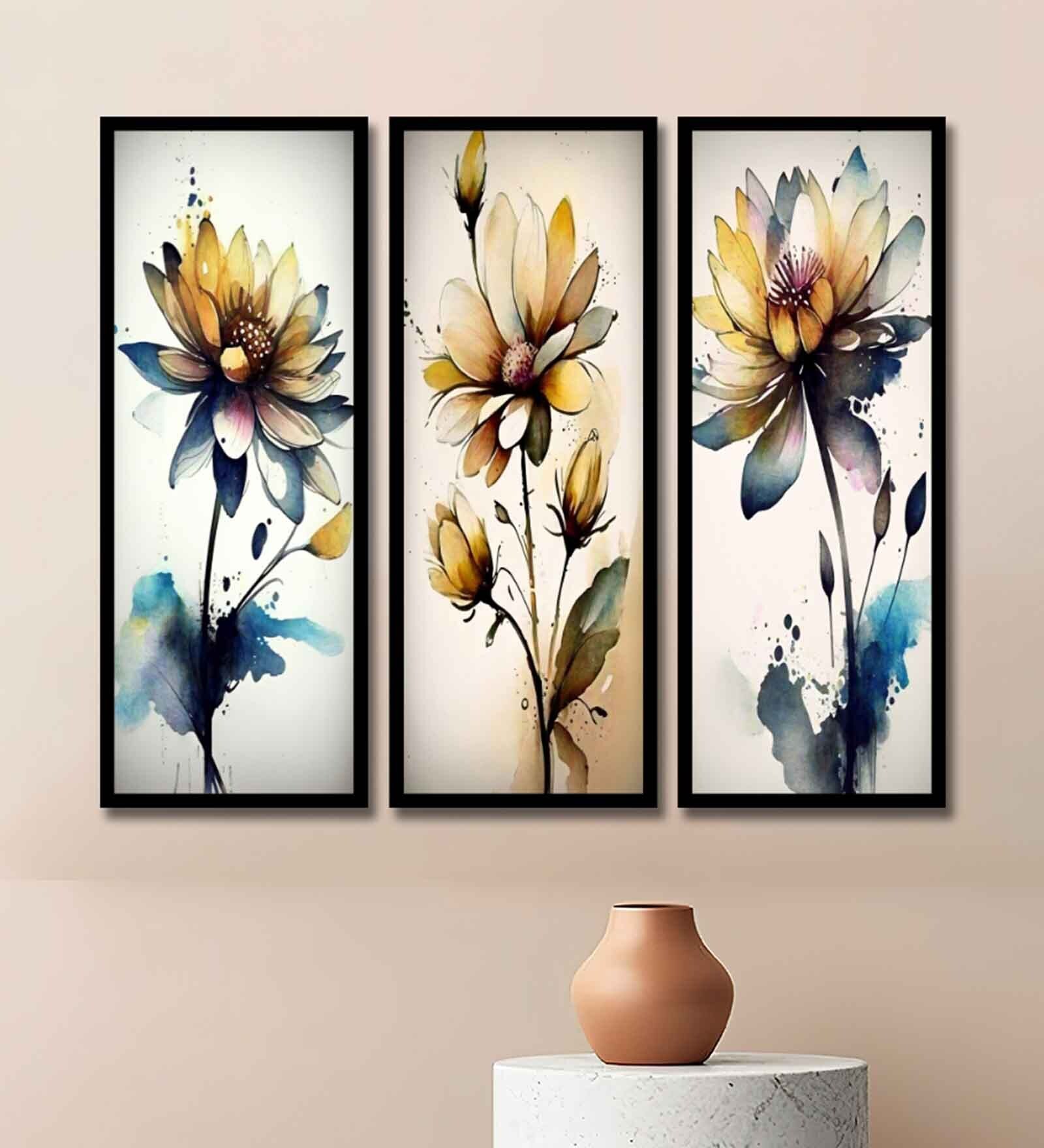 Triptych Flowers Set Of 3 Multicolour Engineered Wood Wall Art Panels
