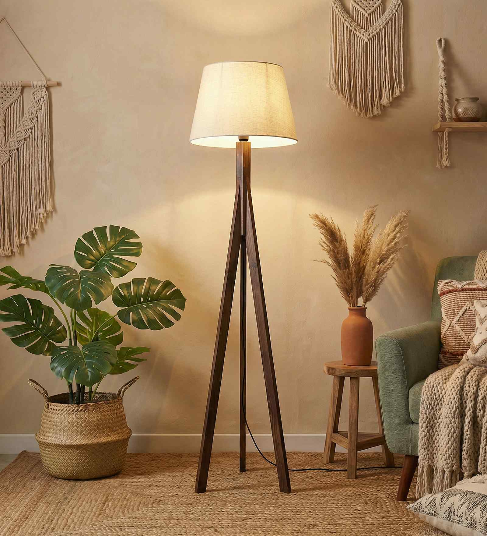 Triune Wooden Floor Lamp with Jute Shade & Brown Base