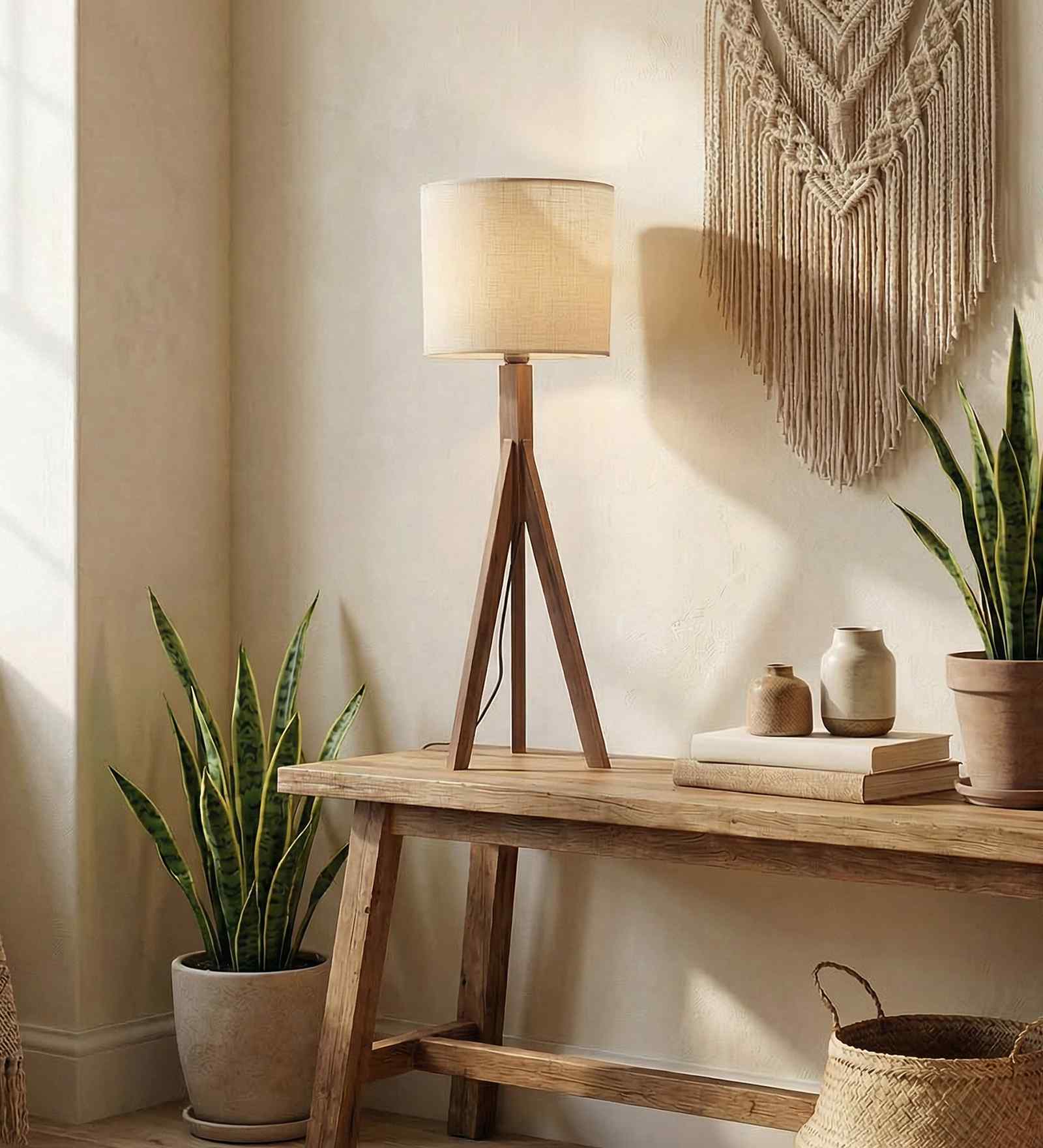 Triune Wooden Table Lamp with Jute Shade & Brown Base