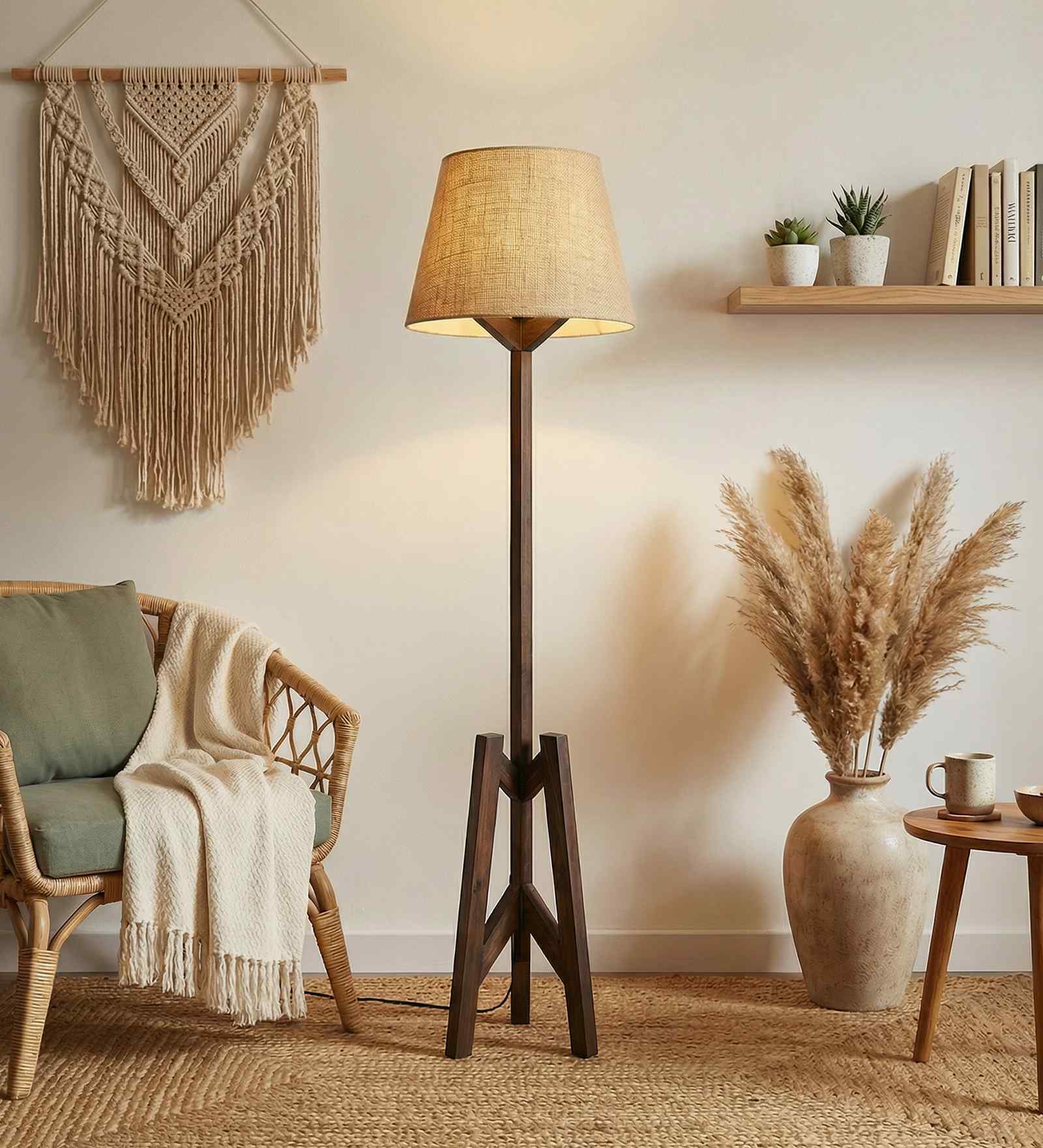 Troika Wooden Floor Lamp with Jute Shade & Brown Base