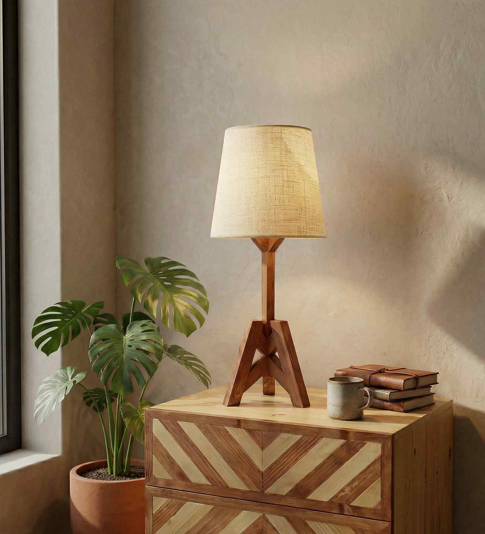 Troika Wooden Table Lamp with Jute  Shade & Brown Base