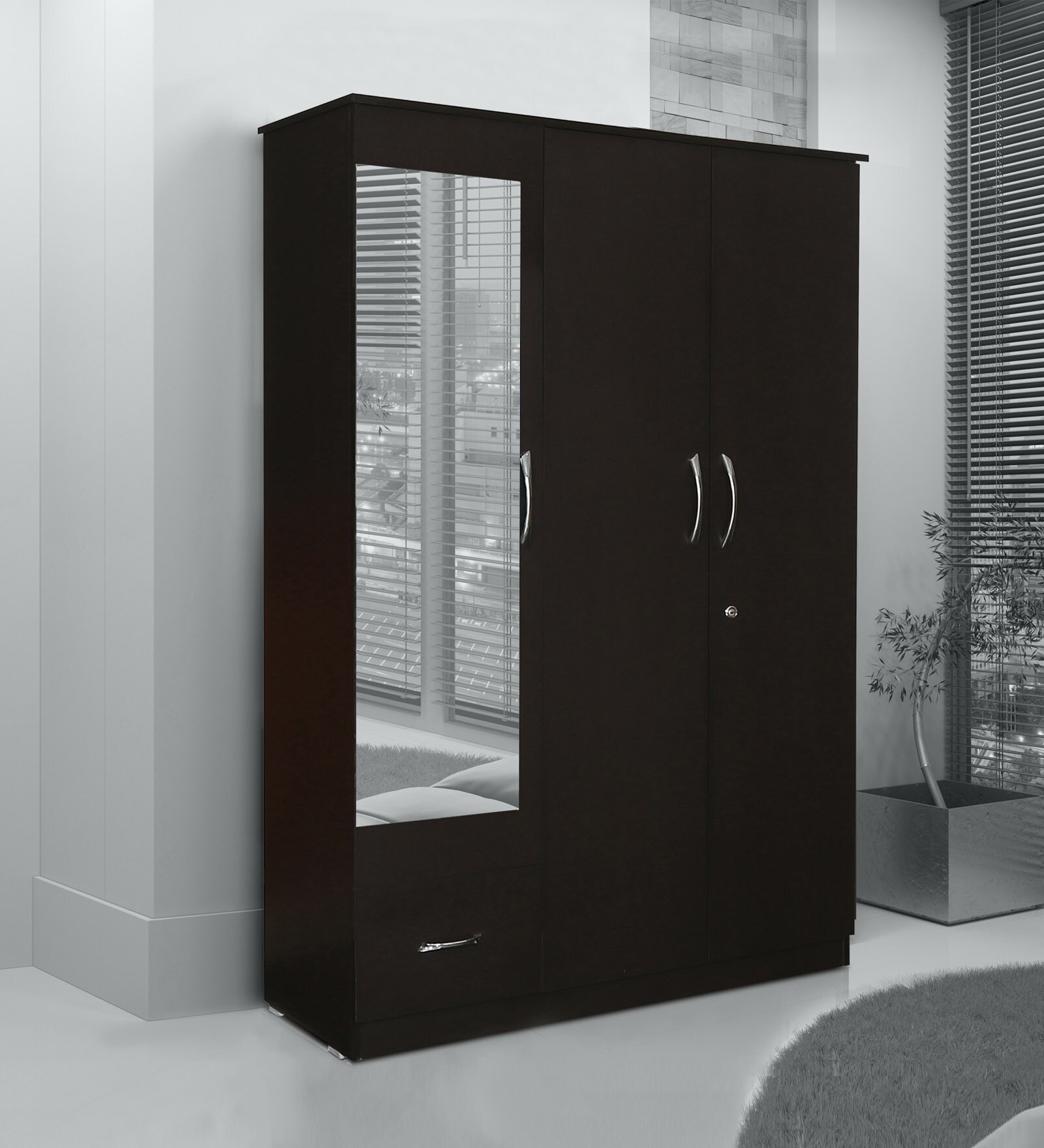 Trois 3 Door Wardrobe in Wenge Finish with Mirror