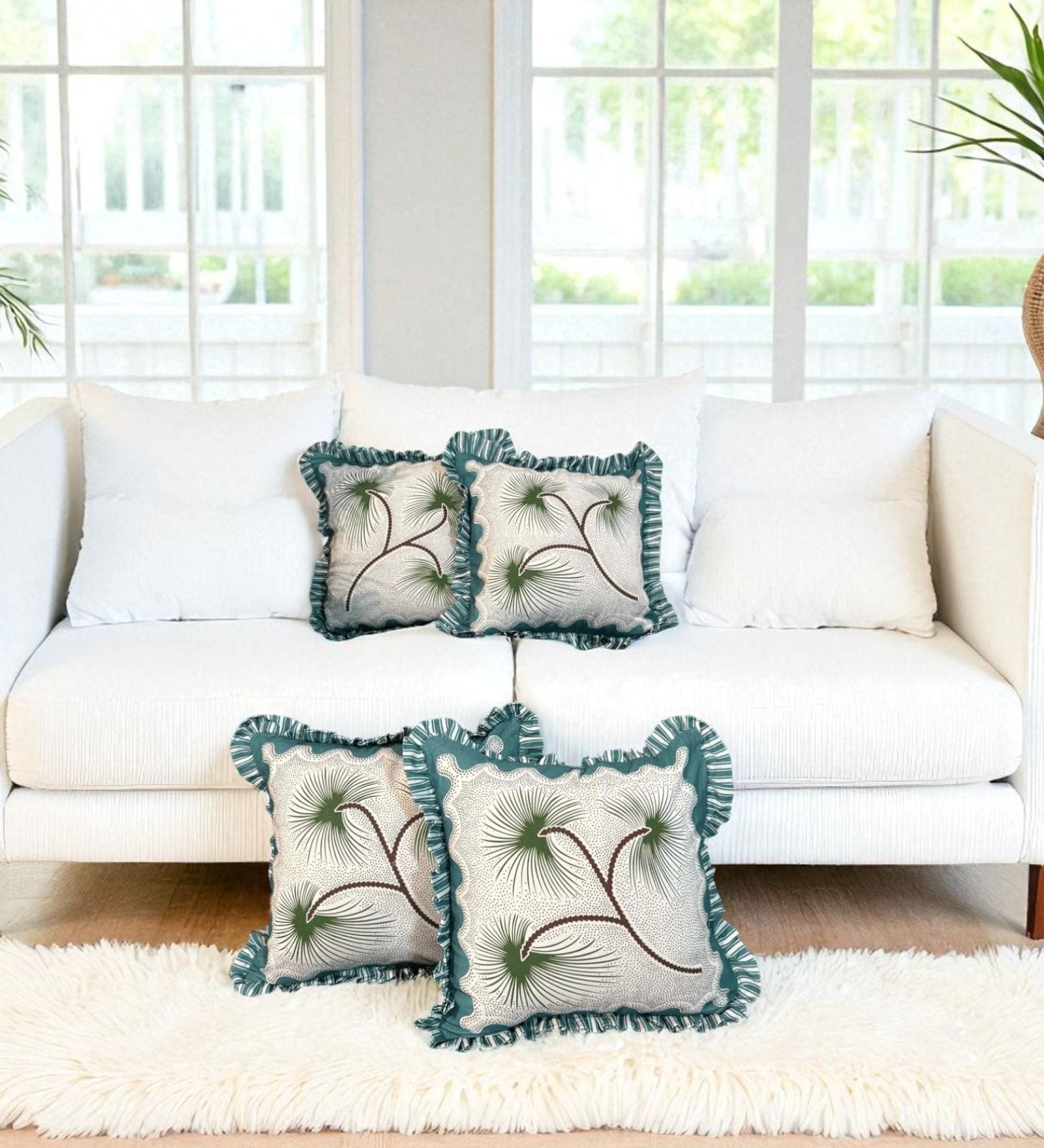Green Floral Cotton Ruffle 18x18 inches Cushion Covers Set of 4