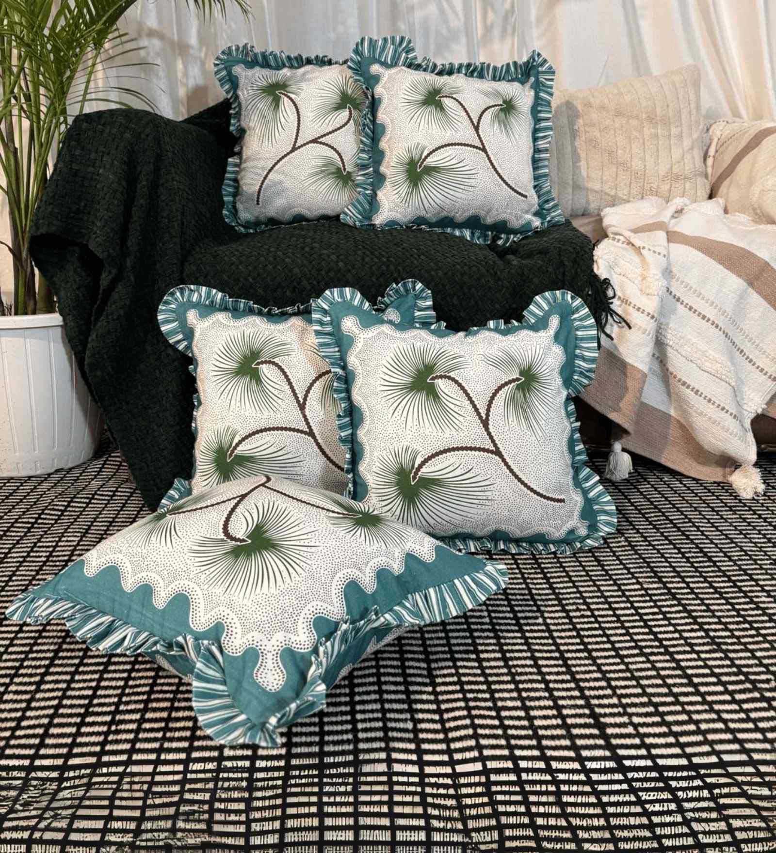 Green Floral Cotton Ruffle 18x18 inches Cushion Covers Set of 5