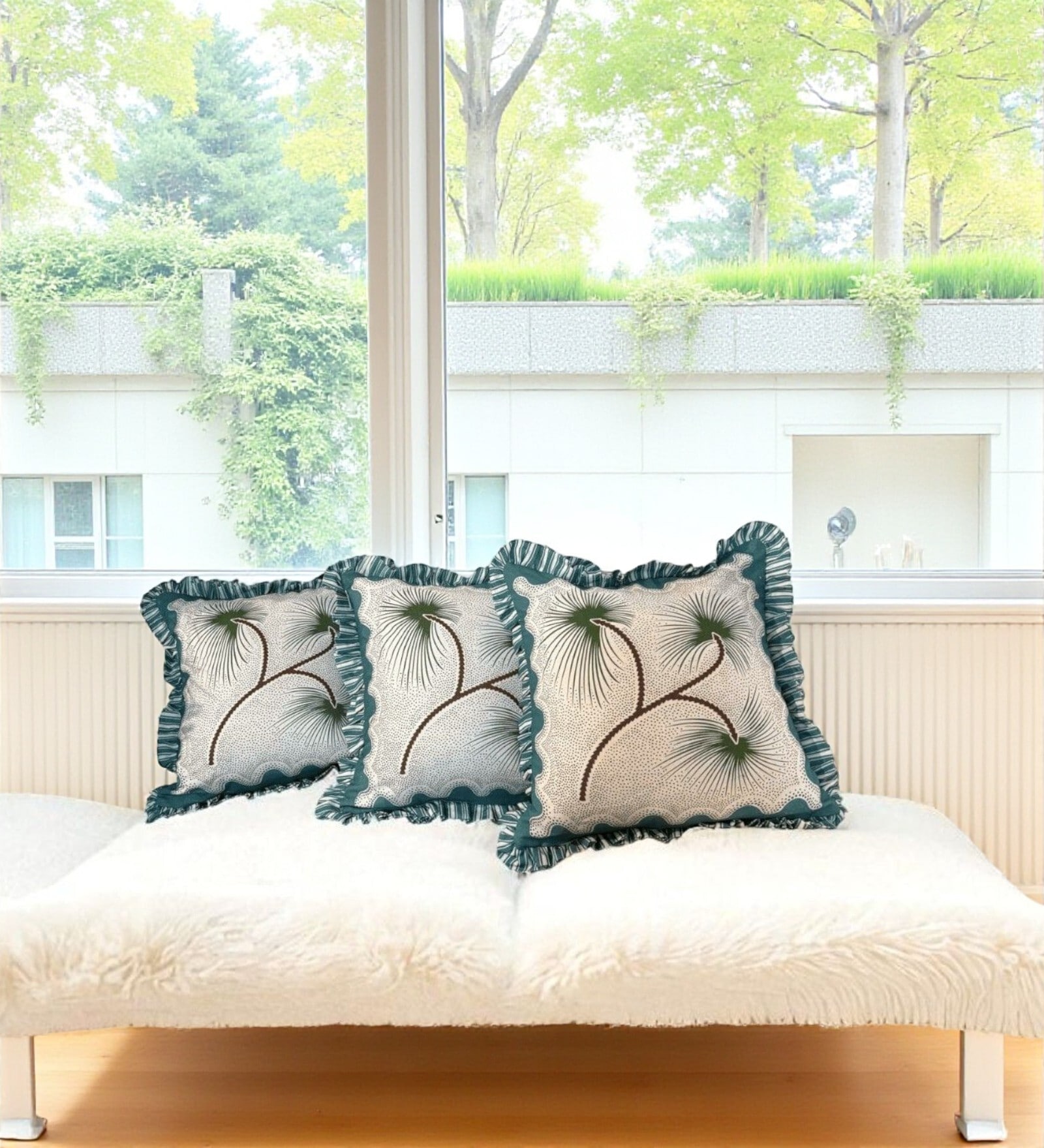 Green Floral Cotton Ruffle 18x18 inches Cushion Covers Set of 3