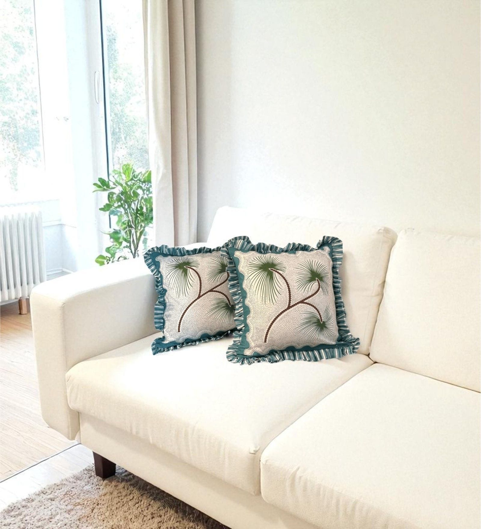 Green Floral Striped Cotton Ruffle 18x18 inches Cushion Covers Set of 2