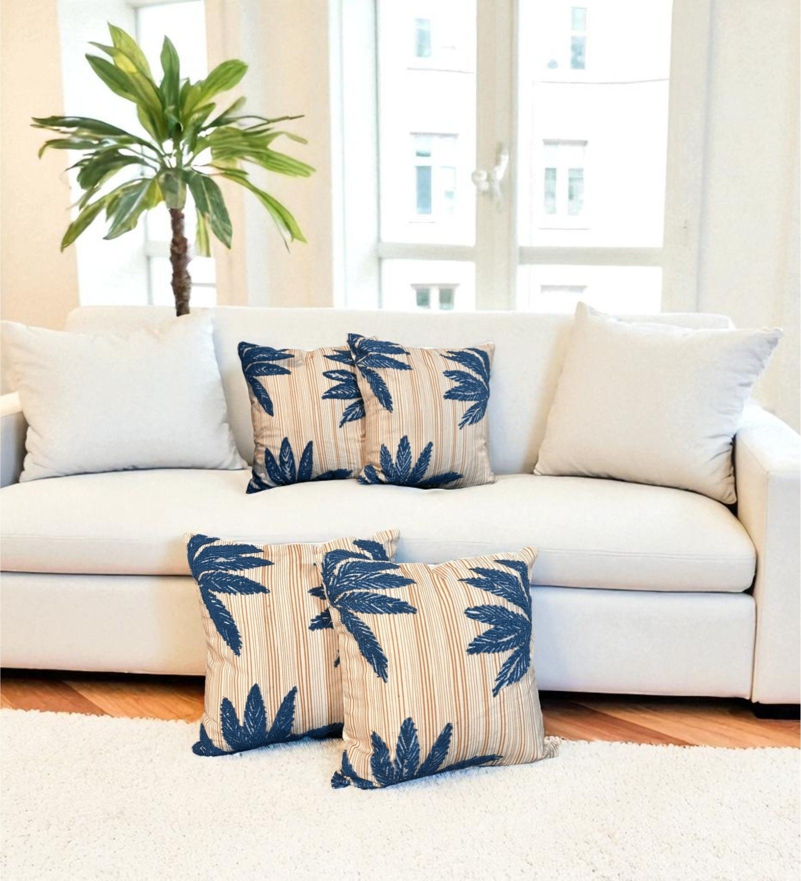 White Striped Cotton Embroidered 18x18 inches Cushion Covers Set of 4