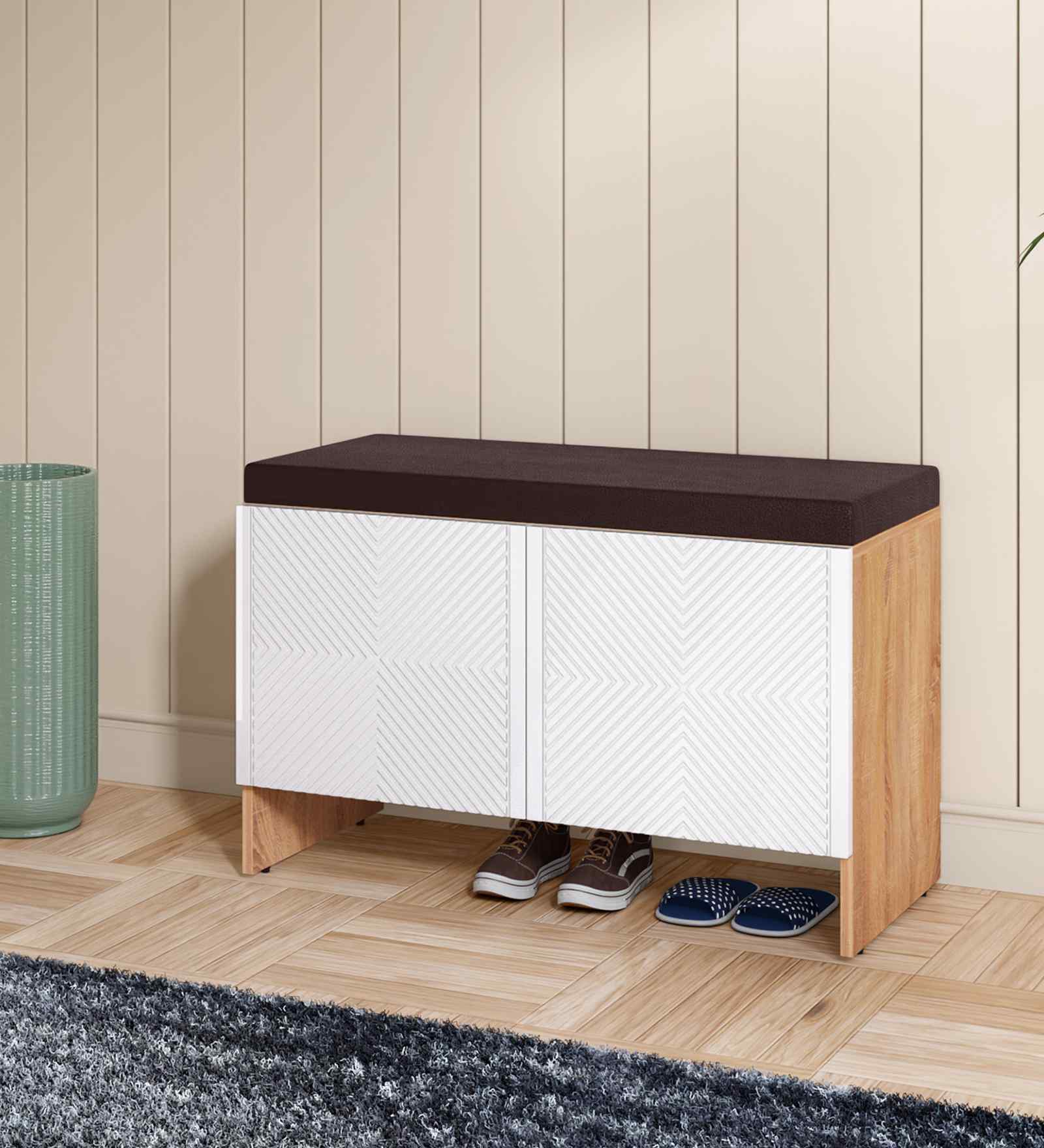 Trudo Modular 12 Pair Shoe Cabinet With Seating In Oak & White finish