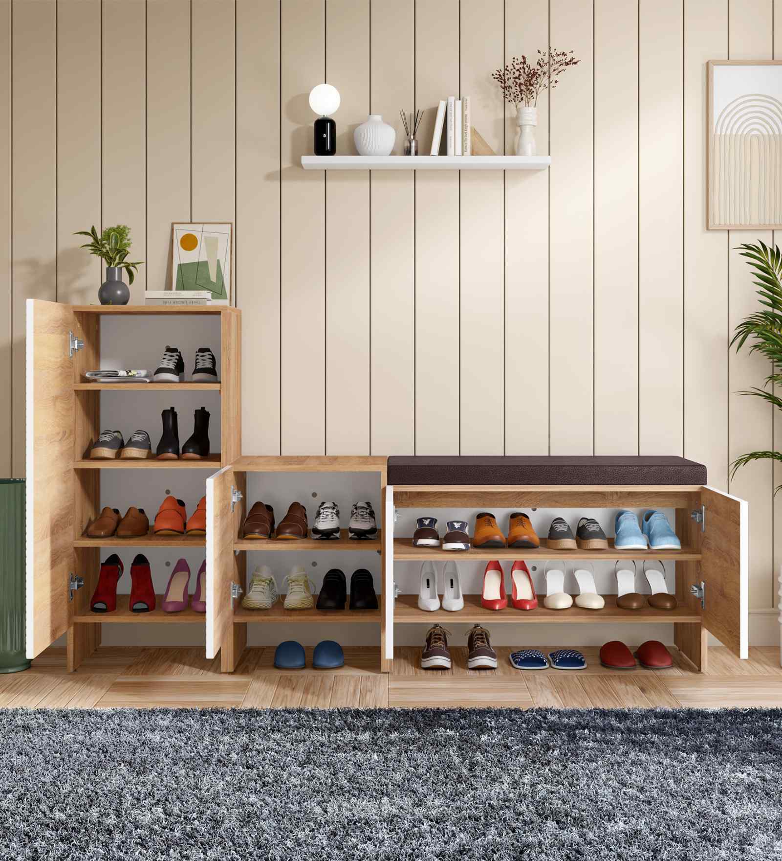 Trudo Shoe Cabinet With Seating (12 Pair + 6 Pair + 10 Pair ) In Oak & White finish