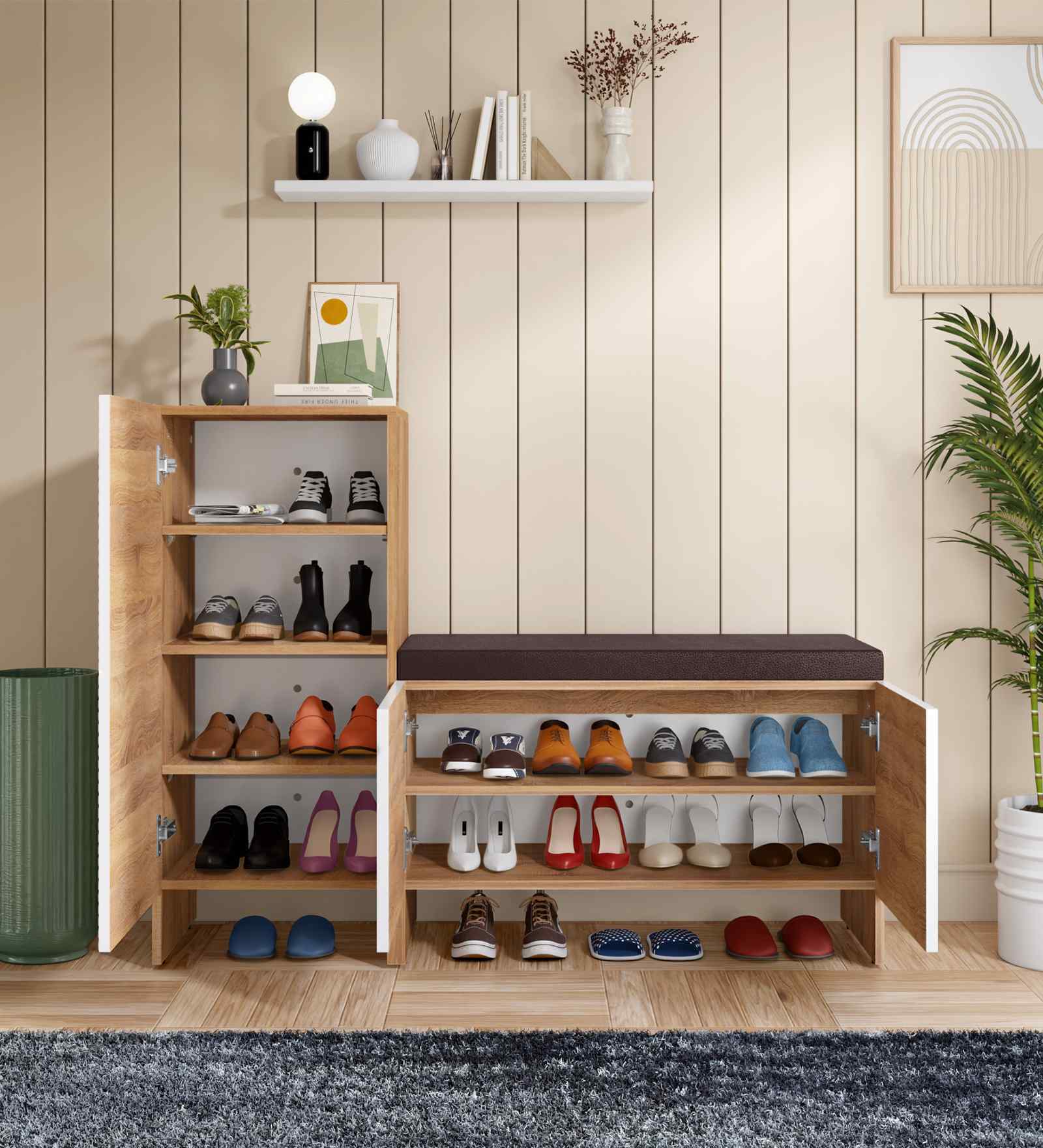 Trudo Modular Shoe Rack With Seating (12 Pair Seat + 10 Pair ) In Oak & White finish