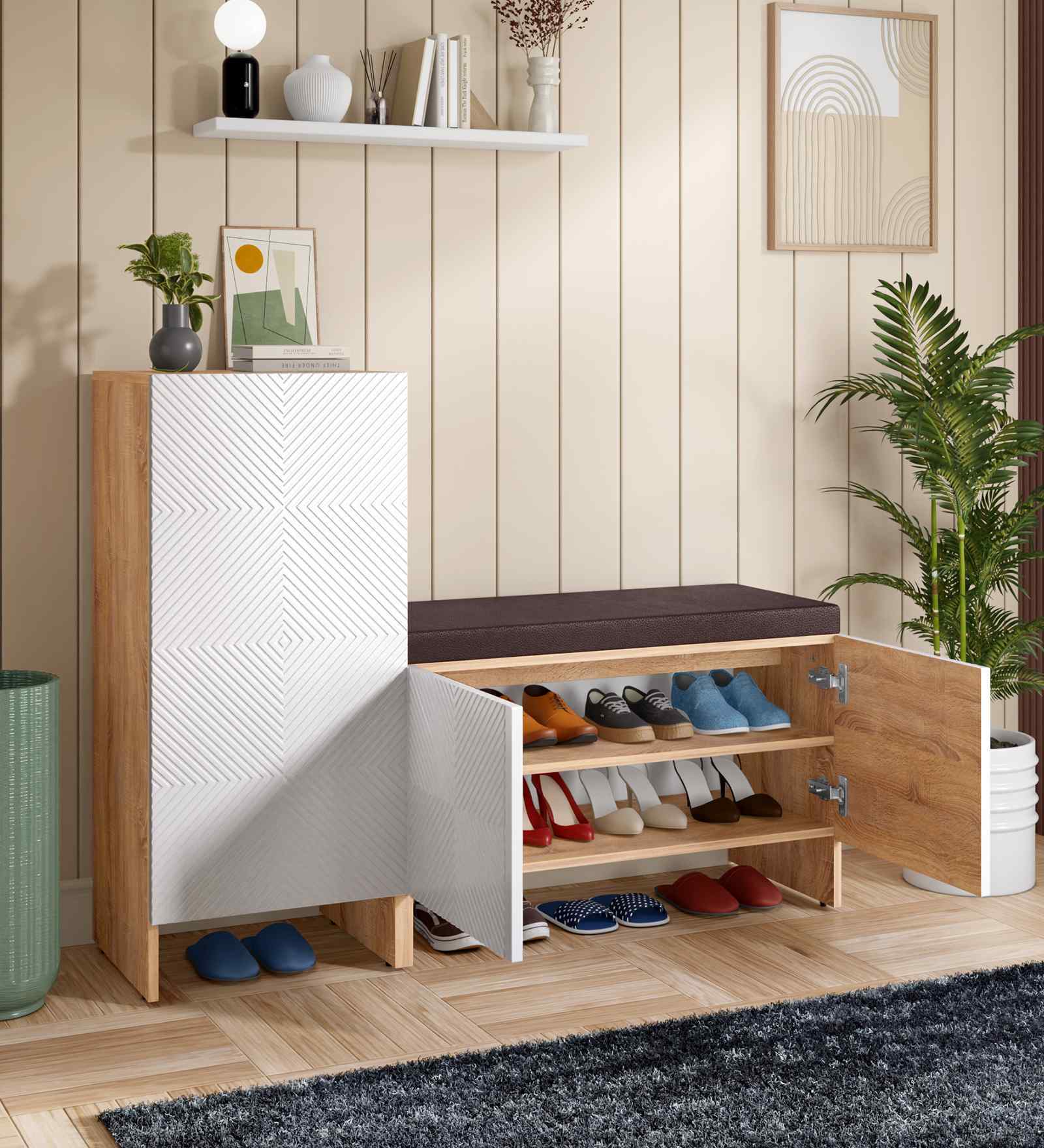 Trudo Modular Shoe Rack With Seating (12 Pair Seat + 10 Pair ) In Oak & White finish